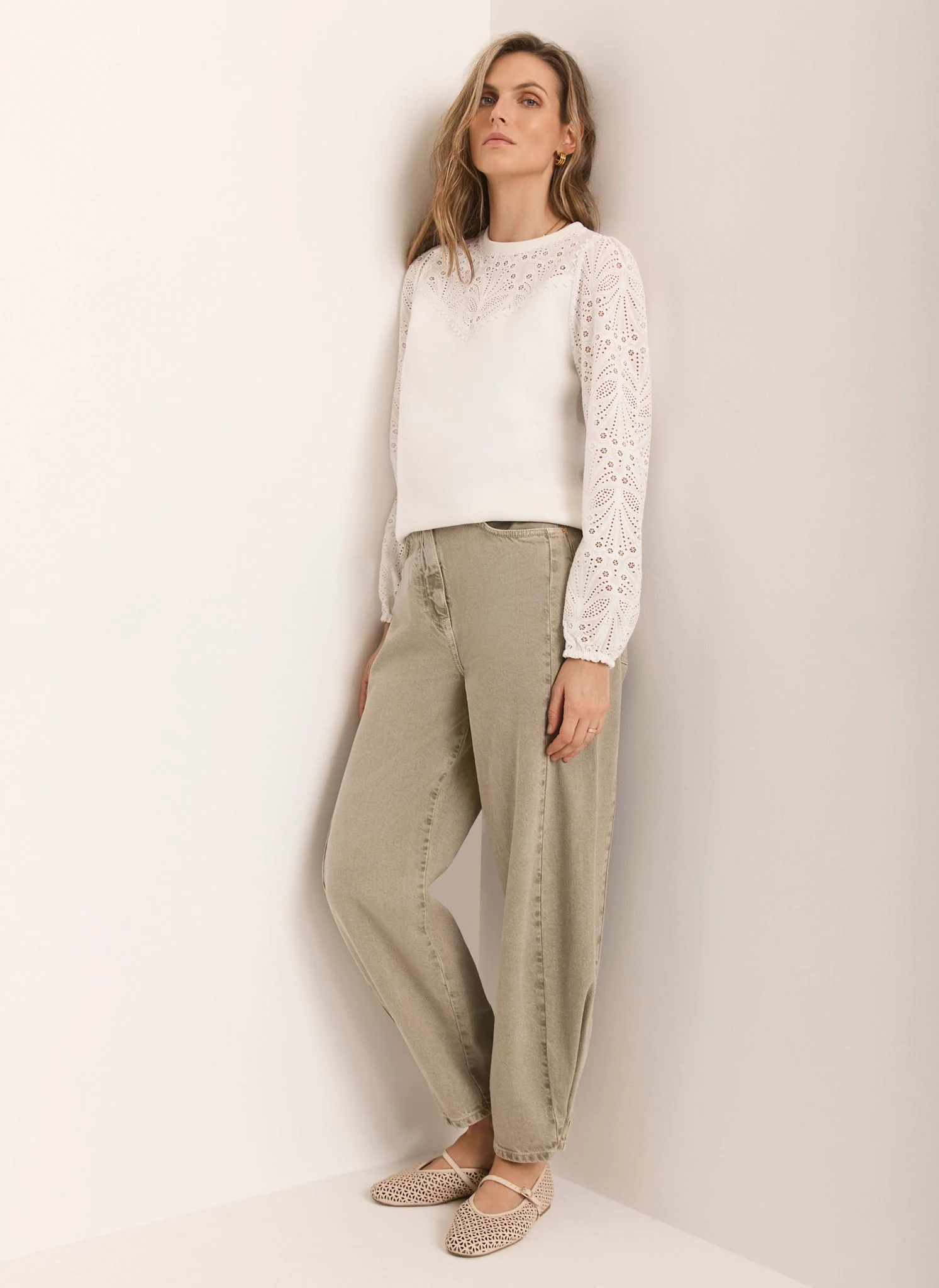 White Cotton Blend Broderie Sweatshirt
