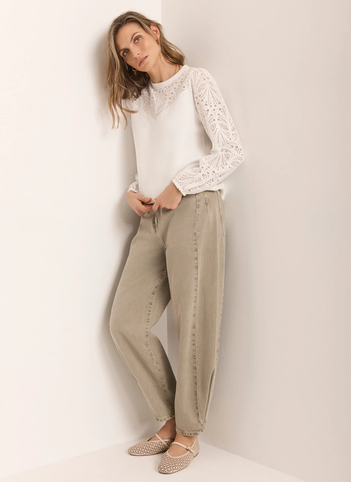 White Cotton Blend Broderie Sweatshirt