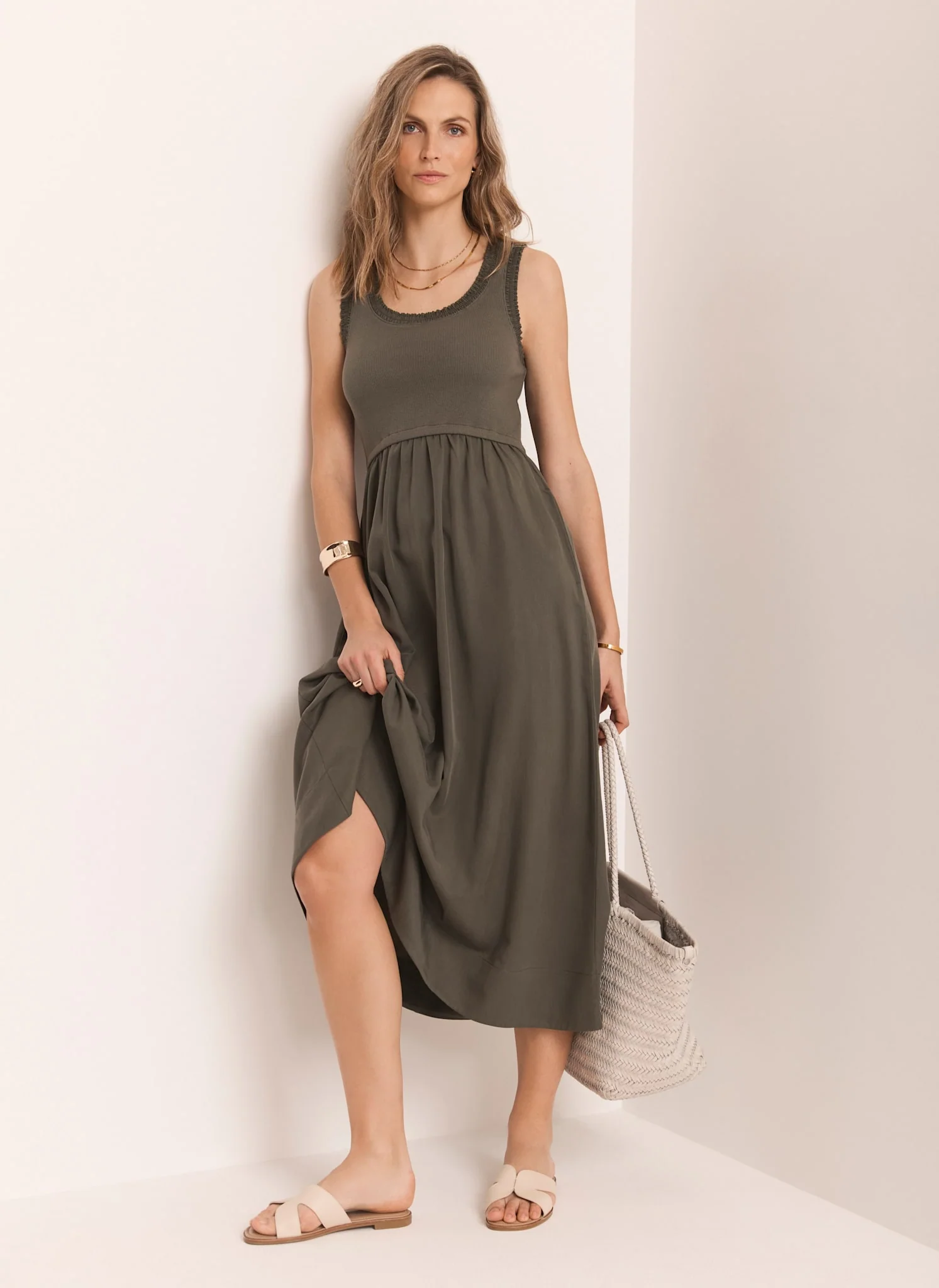 3407-khaki-ruched-trim-cotton-midi-dress-4.webp Khaki Ruched Trim Cotton Midi Dress