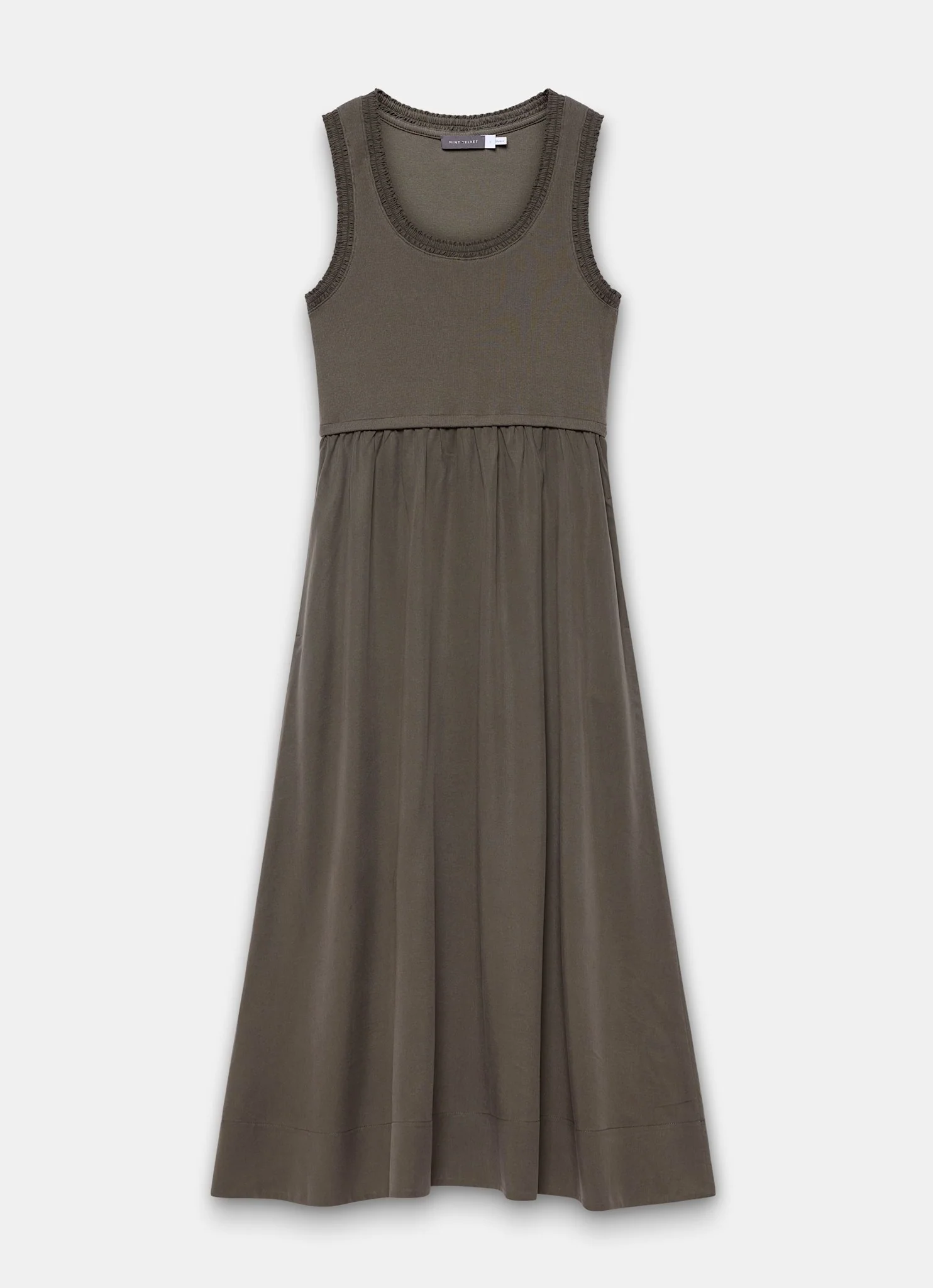 3407-khaki-ruched-trim-cotton-midi-dress-6.webp Khaki Ruched Trim Cotton Midi Dress