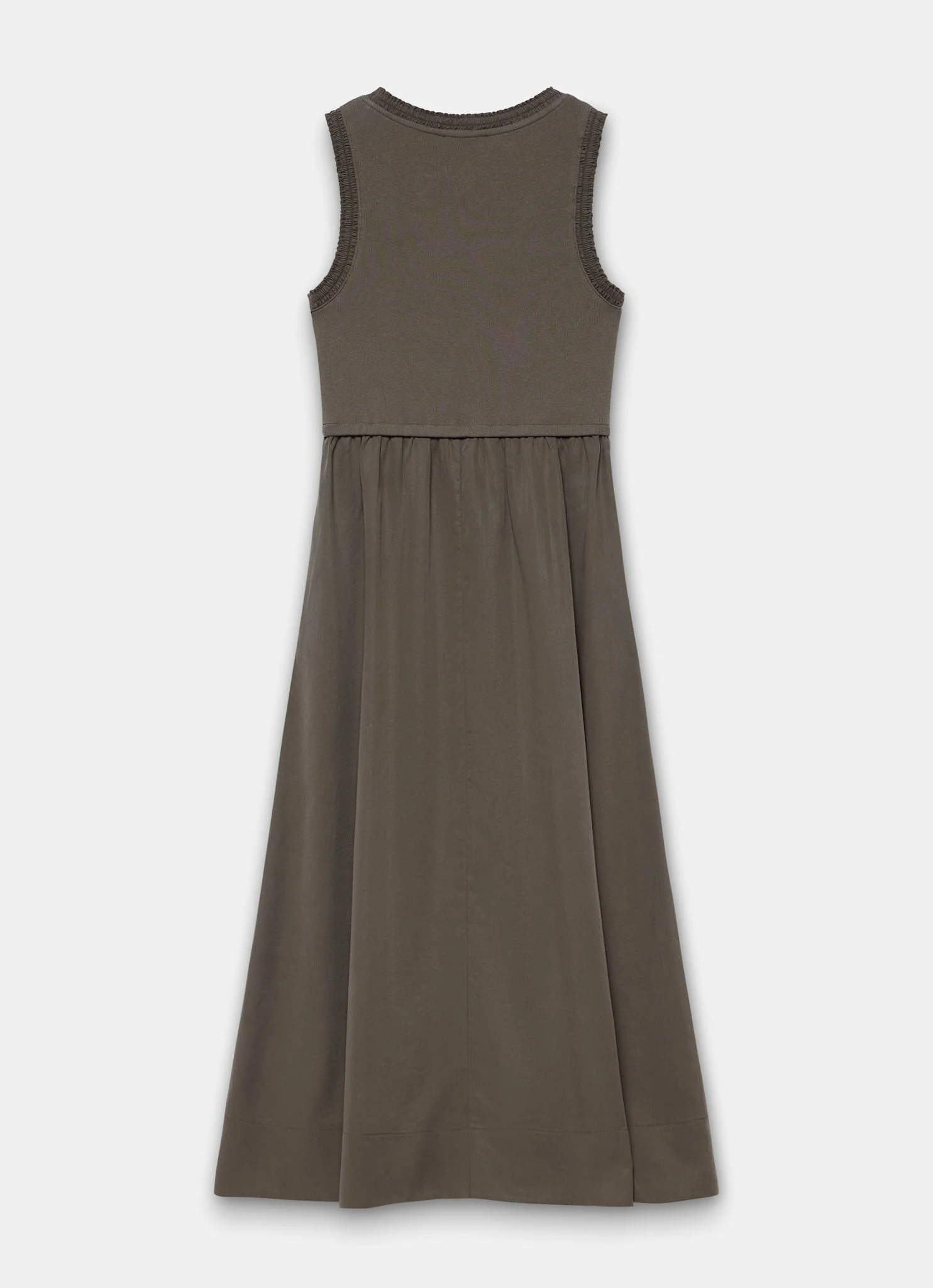 3407-khaki-ruched-trim-cotton-midi-dress-7.webp Khaki Ruched Trim Cotton Midi Dress