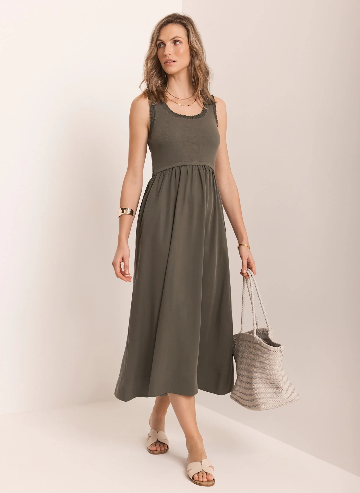 3408-xs-xs-variation-2.webp Khaki Ruched Trim Cotton Midi Dress