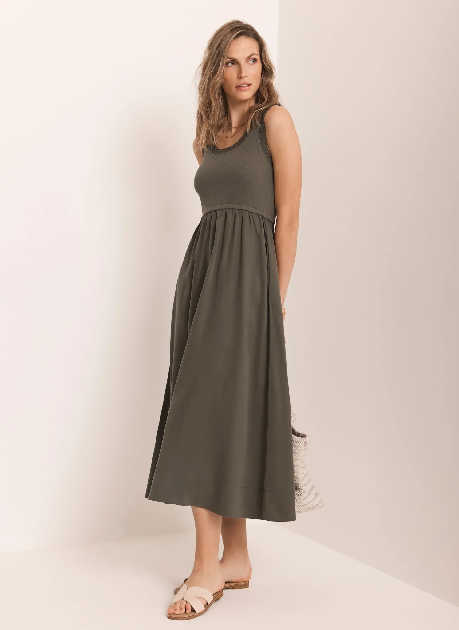 3410-dir-69691c7bdcc3-m-variation-1.webp Khaki Ruched Trim Cotton Midi Dress