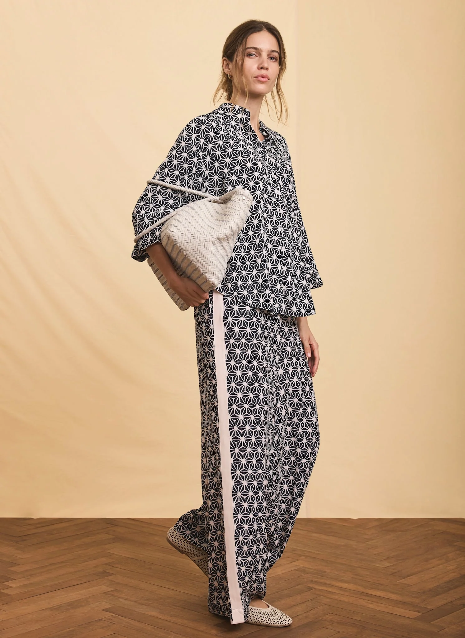 Navy Geometric Print Wide Trousers