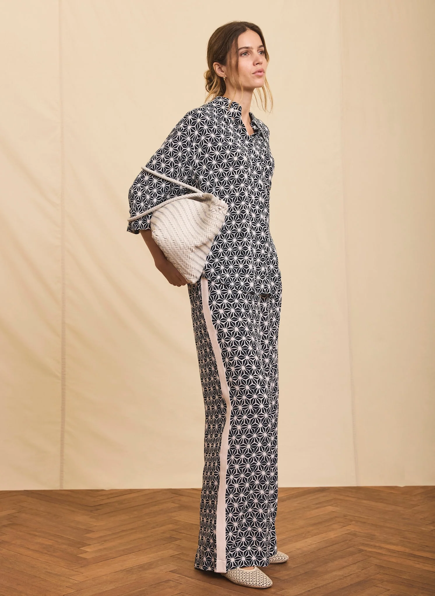 Navy Geometric Print Wide Trousers