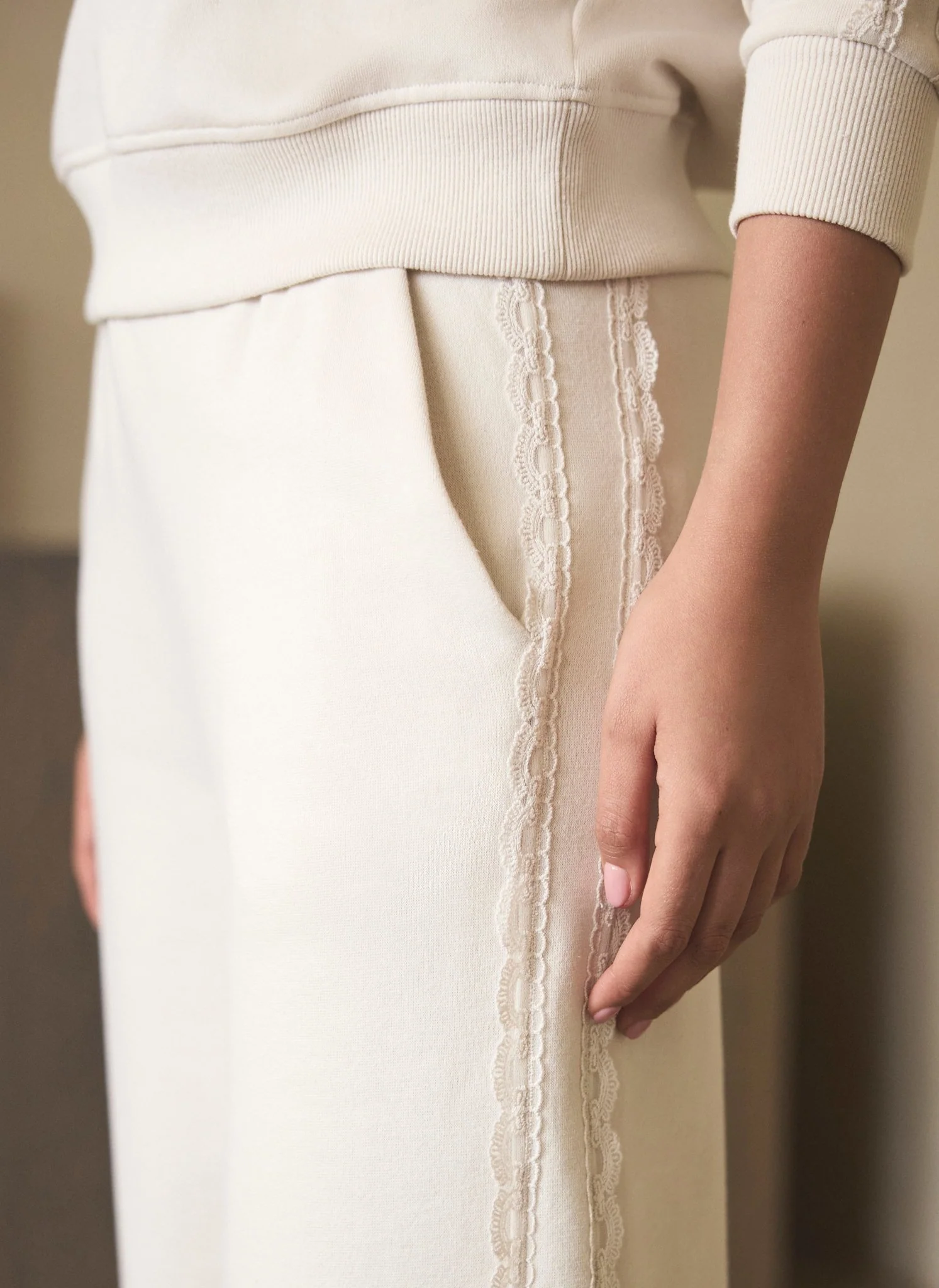 Cream Cotton Blend Lace Trim Joggers