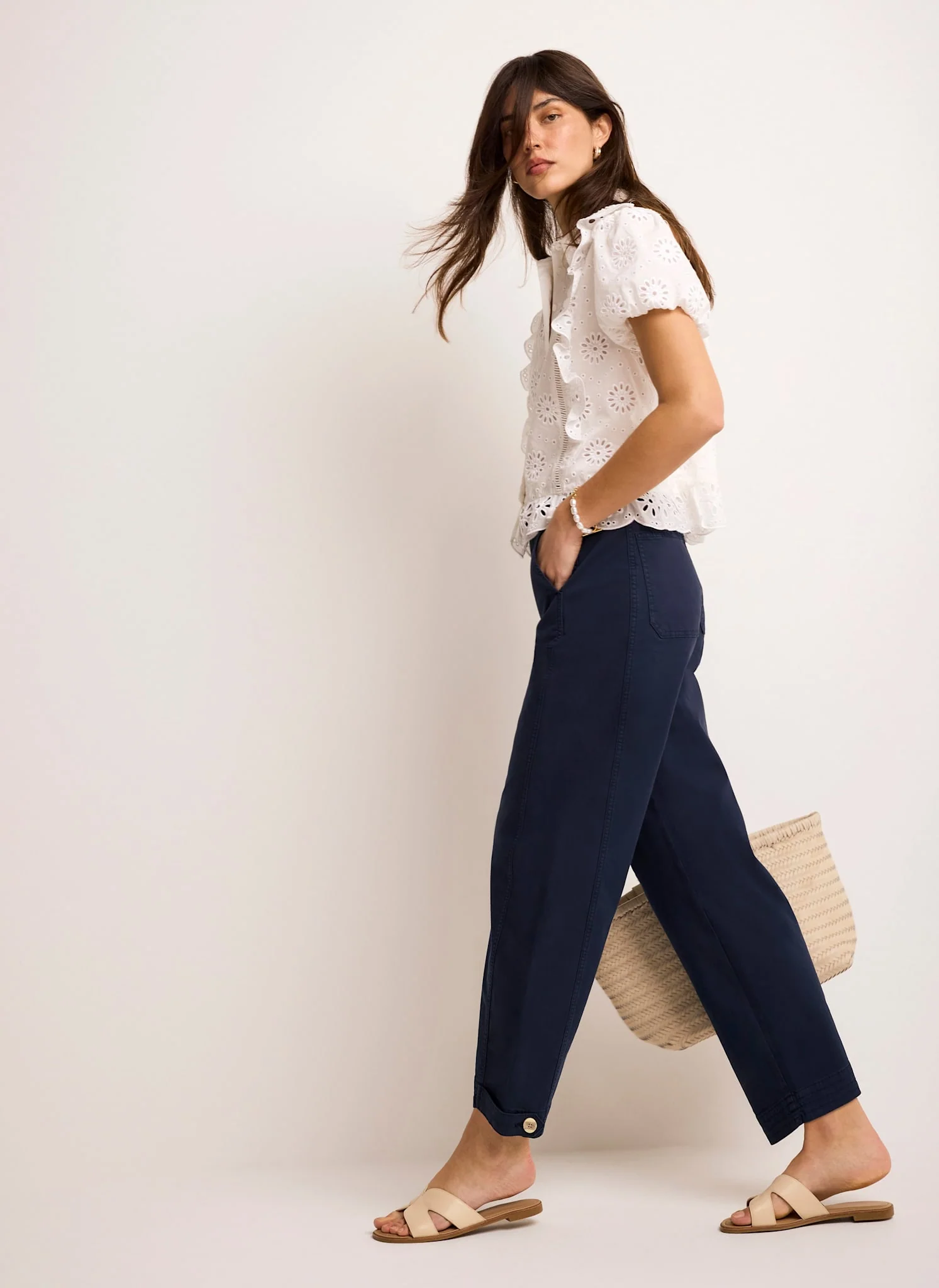 Navy Washed Barrel Leg Chino Trousers