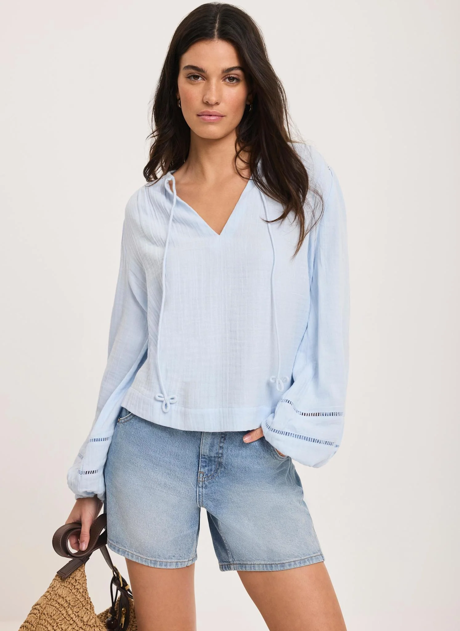 Blue Cotton Cheesecloth Open Stitch Blouse