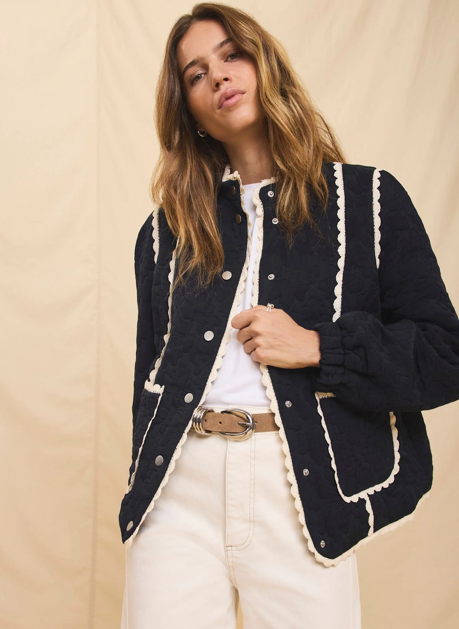 Navy Floral Jacquard Quilted Jacket