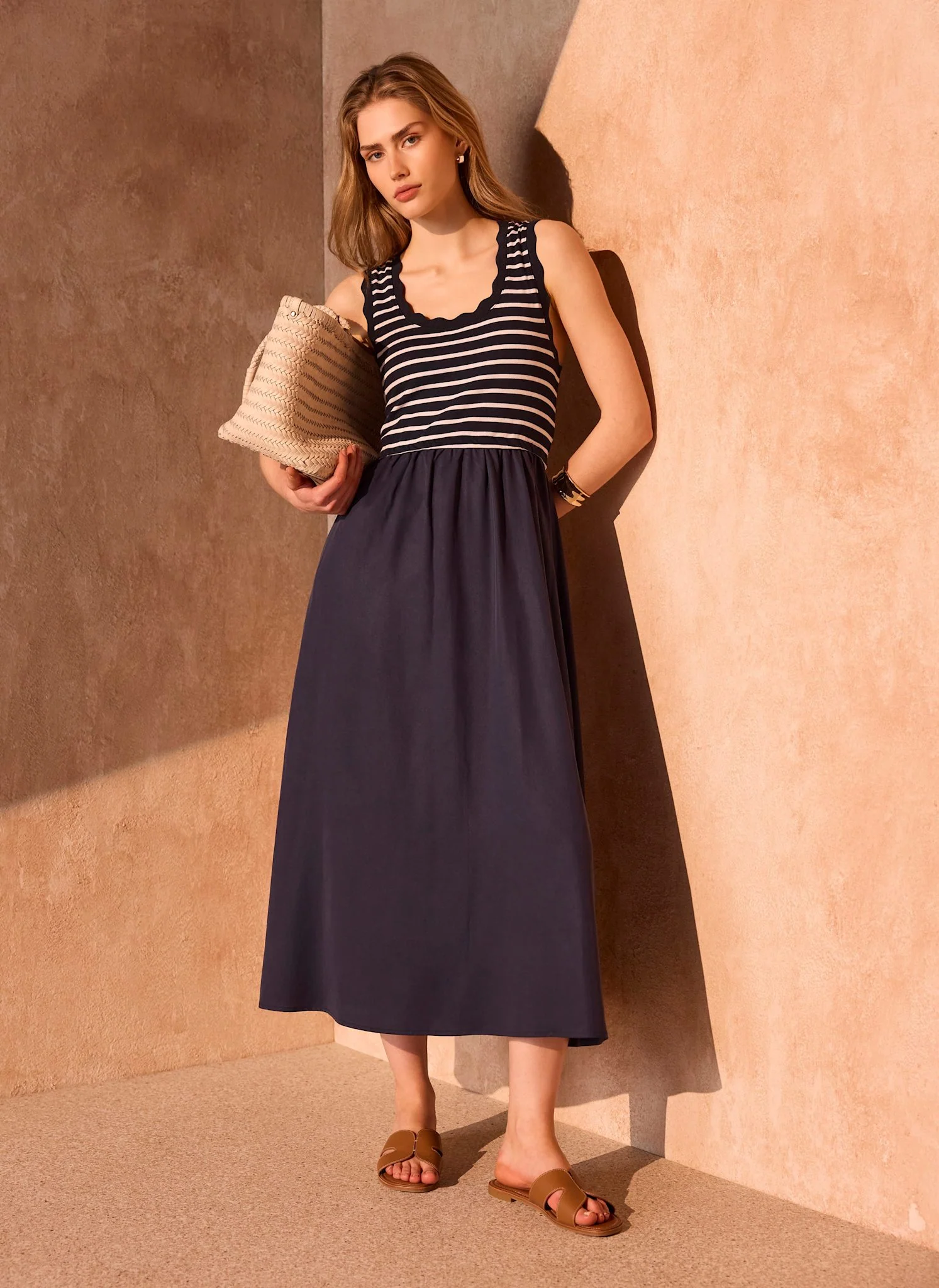 3770-navy-striped-scallop-trim-midi-dress-1.webp Navy Striped Scallop Trim Midi Dress