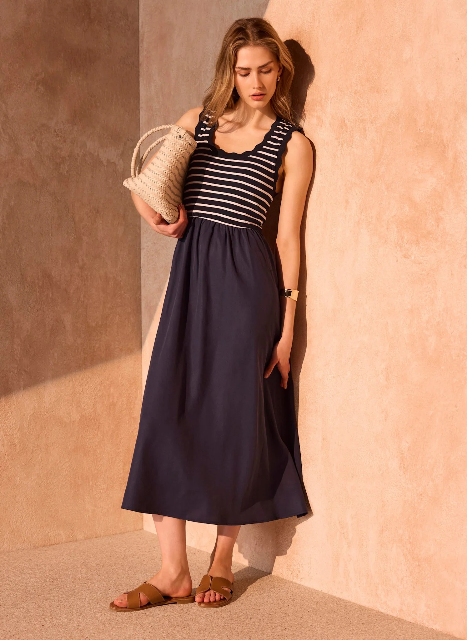 3770-navy-striped-scallop-trim-midi-dress-2.webp Navy Striped Scallop Trim Midi Dress