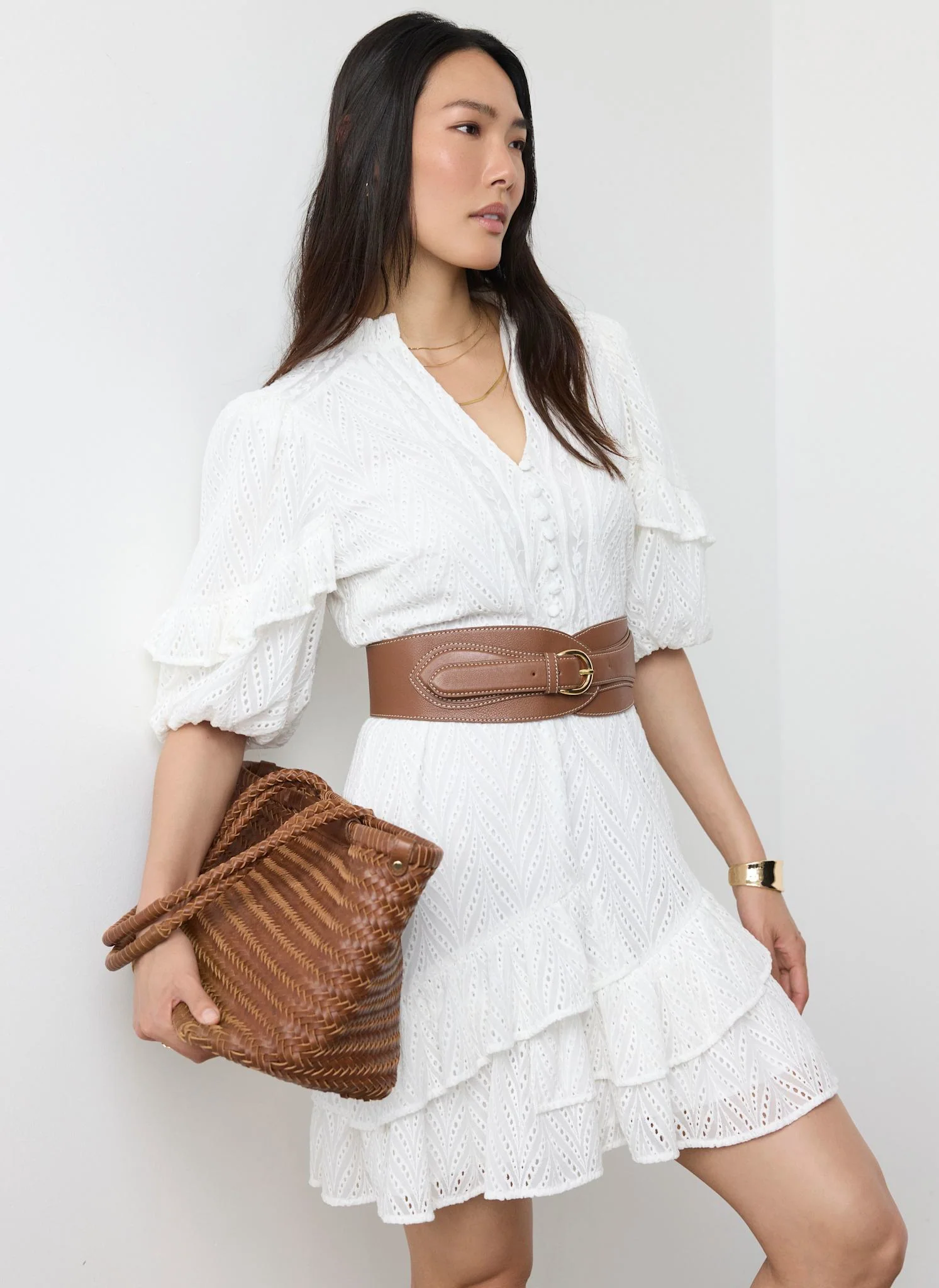 White Broderie Ruffle Detail Mini Dress