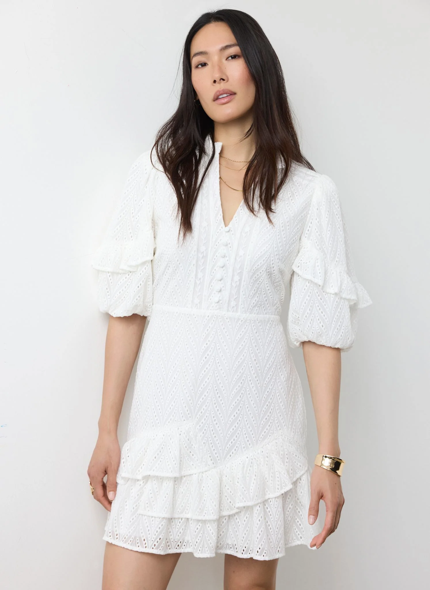 White Broderie Ruffle Detail Mini Dress