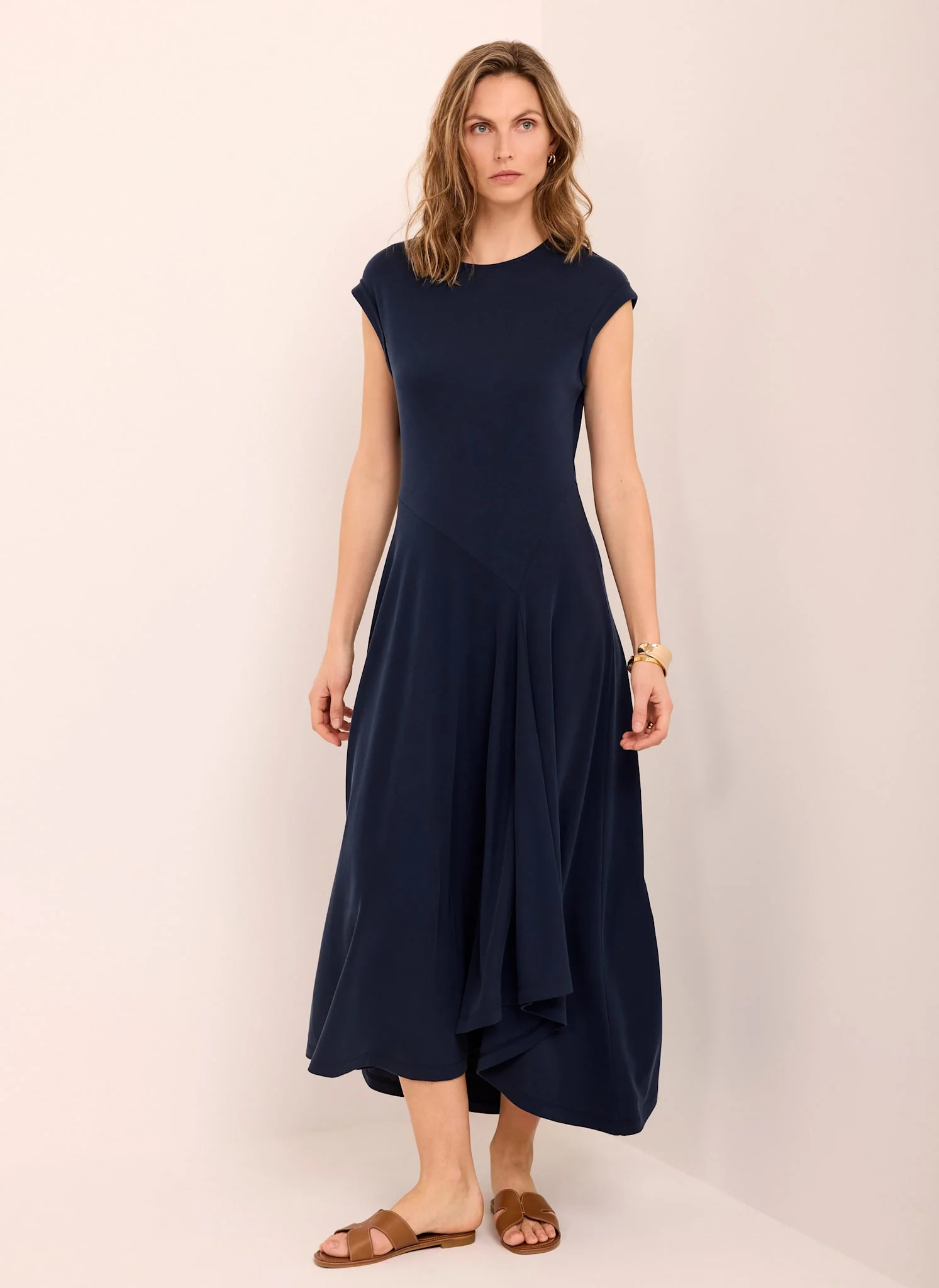 Navy Jersey Asymmetric Midi Dress