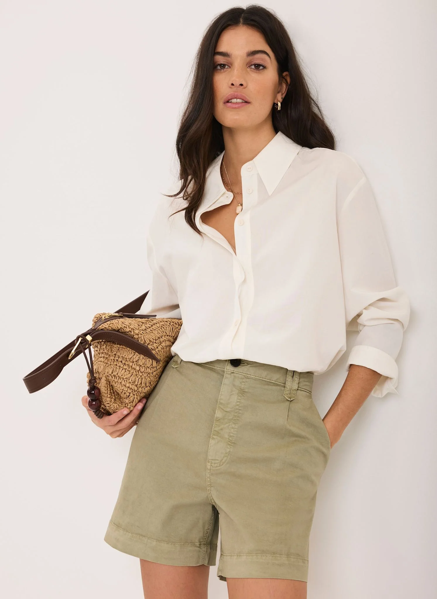 Khaki Pleated Chino Utility Shorts