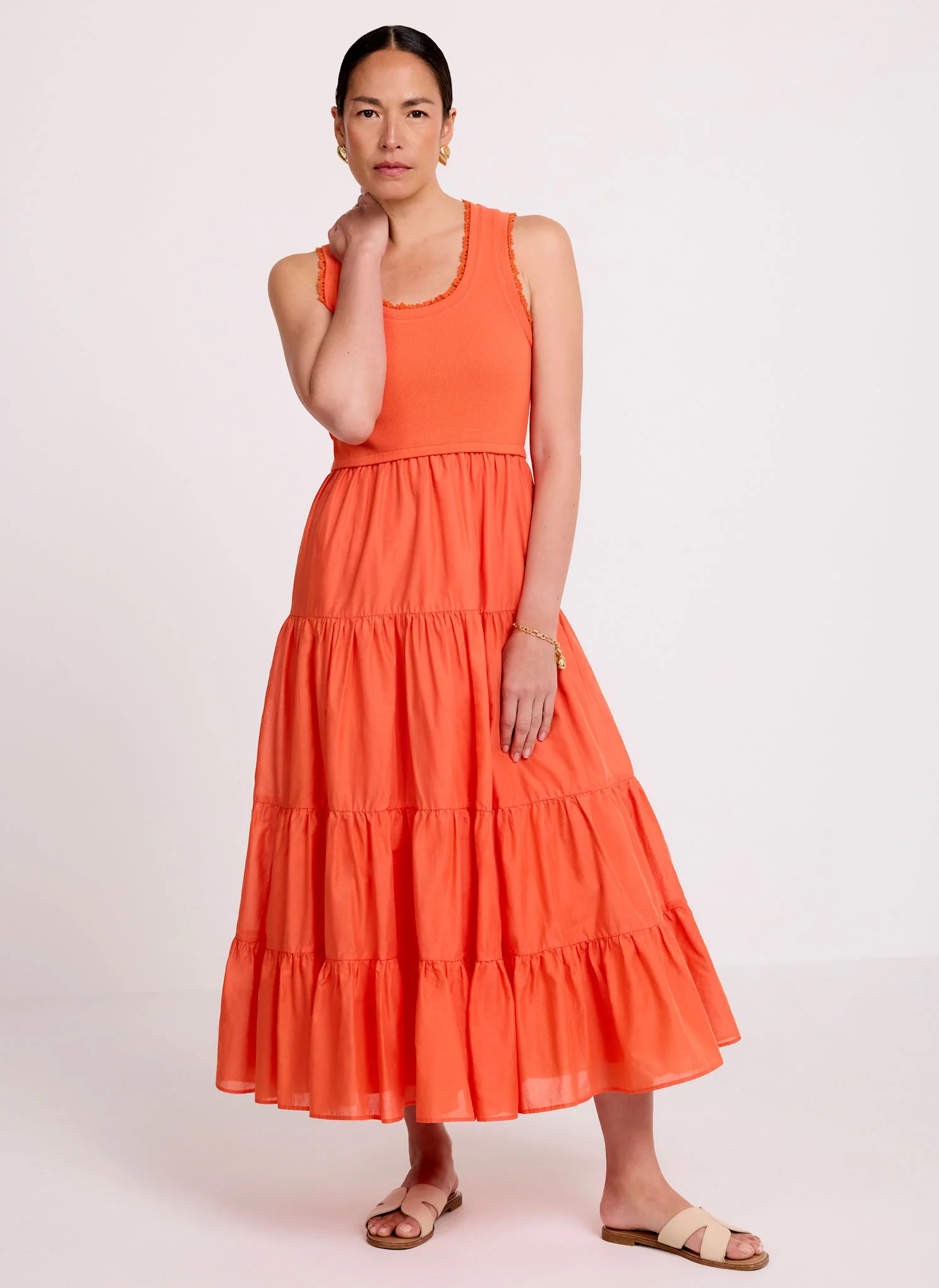 401-orange-crochet-trim-tiered-midi-dress-1.webp Orange Crochet Trim Tiered Midi Dress