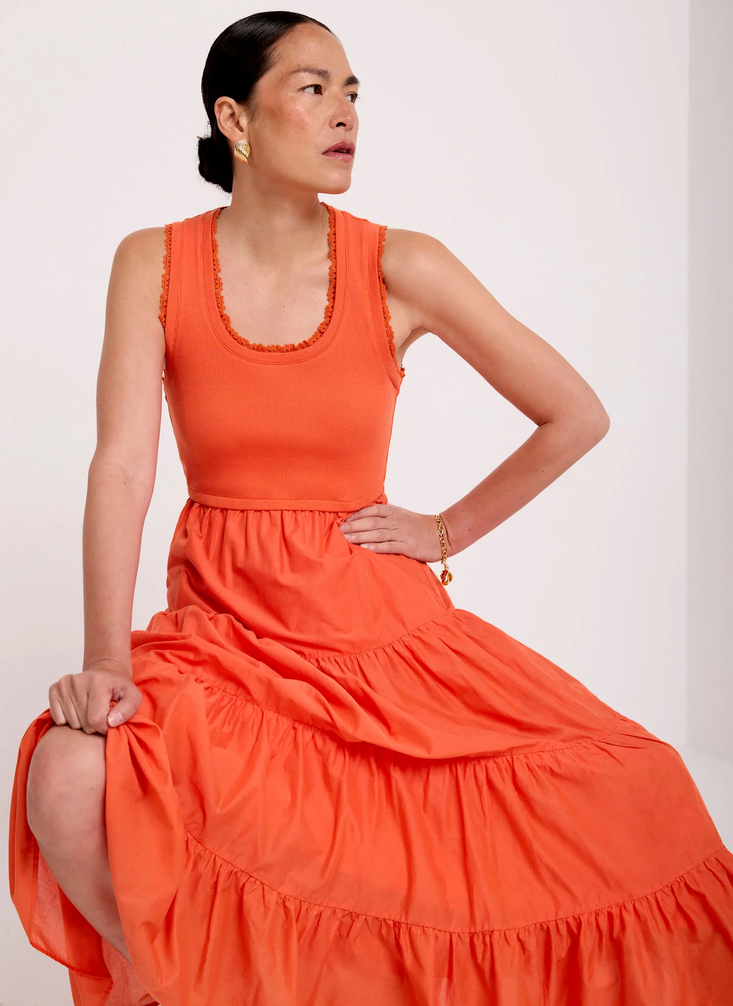 401-orange-crochet-trim-tiered-midi-dress-2.webp Orange Crochet Trim Tiered Midi Dress