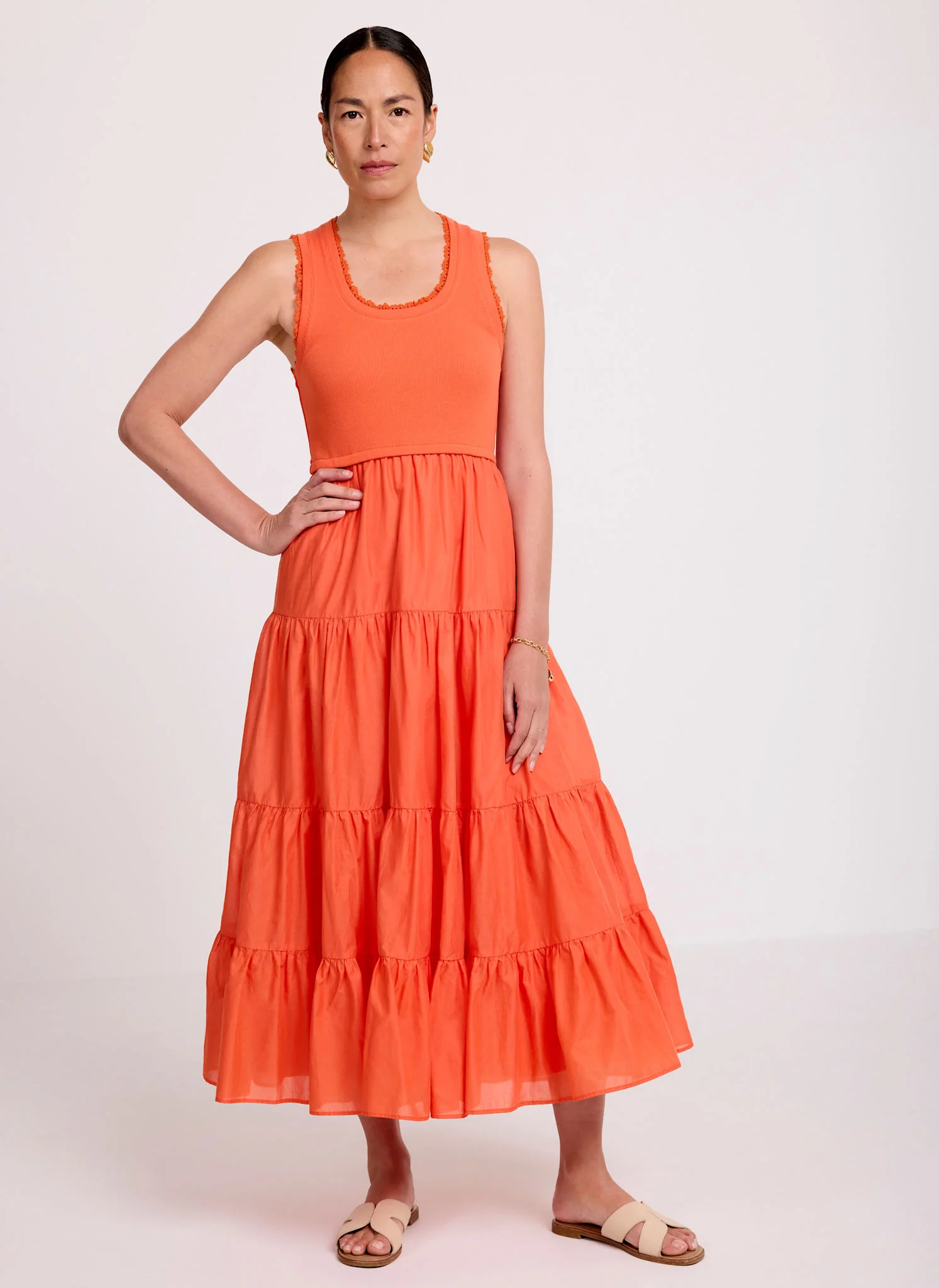 401-orange-crochet-trim-tiered-midi-dress-5.webp Orange Crochet Trim Tiered Midi Dress