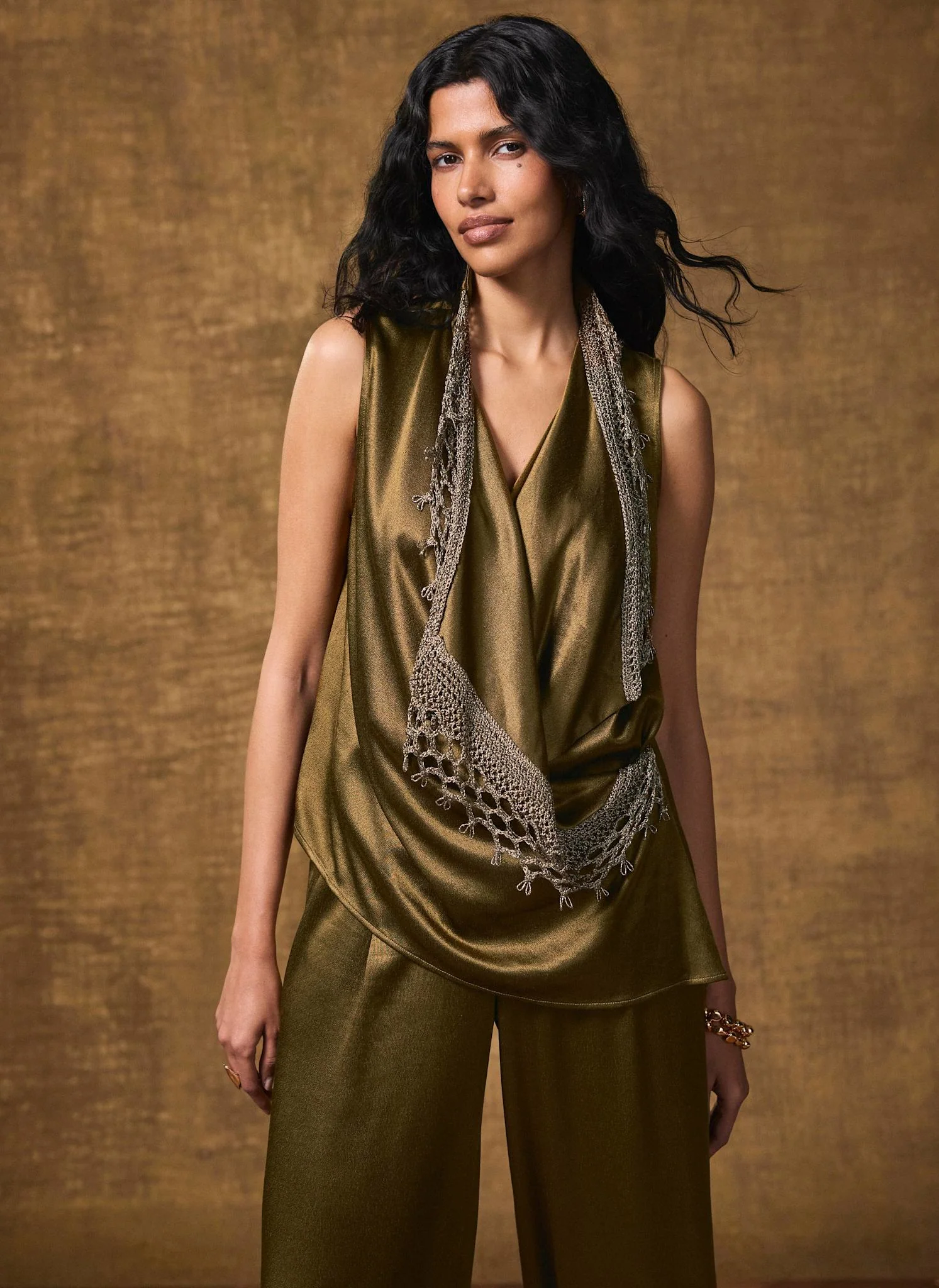 Khaki Crochet Trim Satin Wrap Top