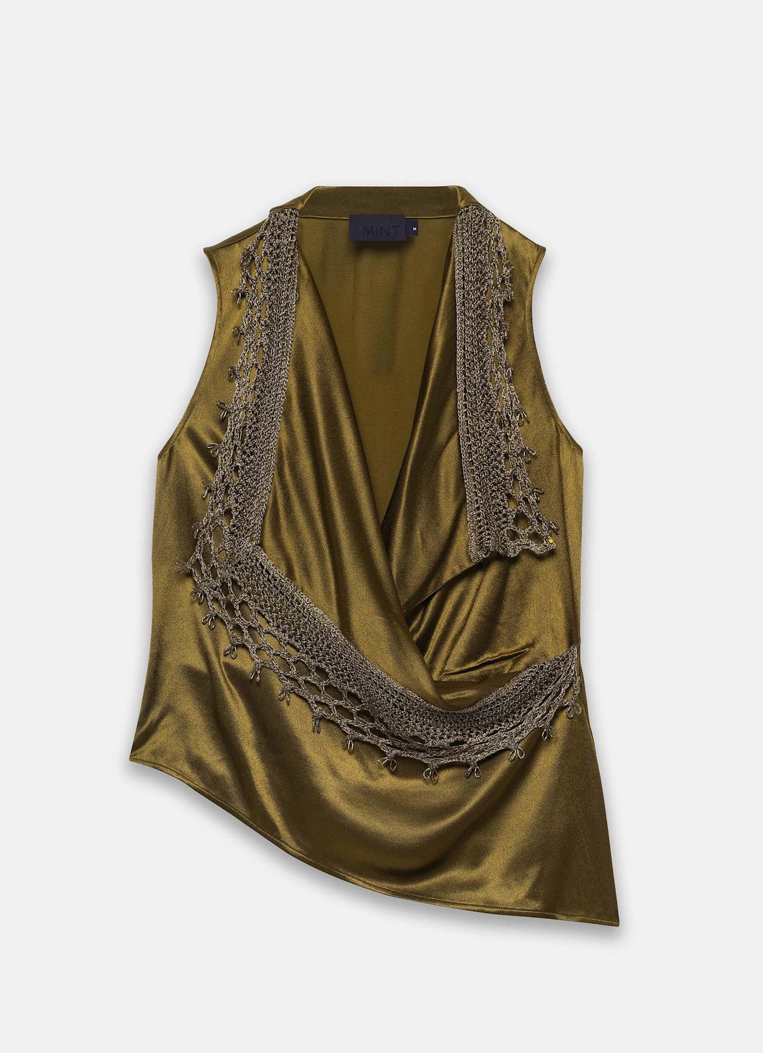 Khaki Crochet Trim Satin Wrap Top