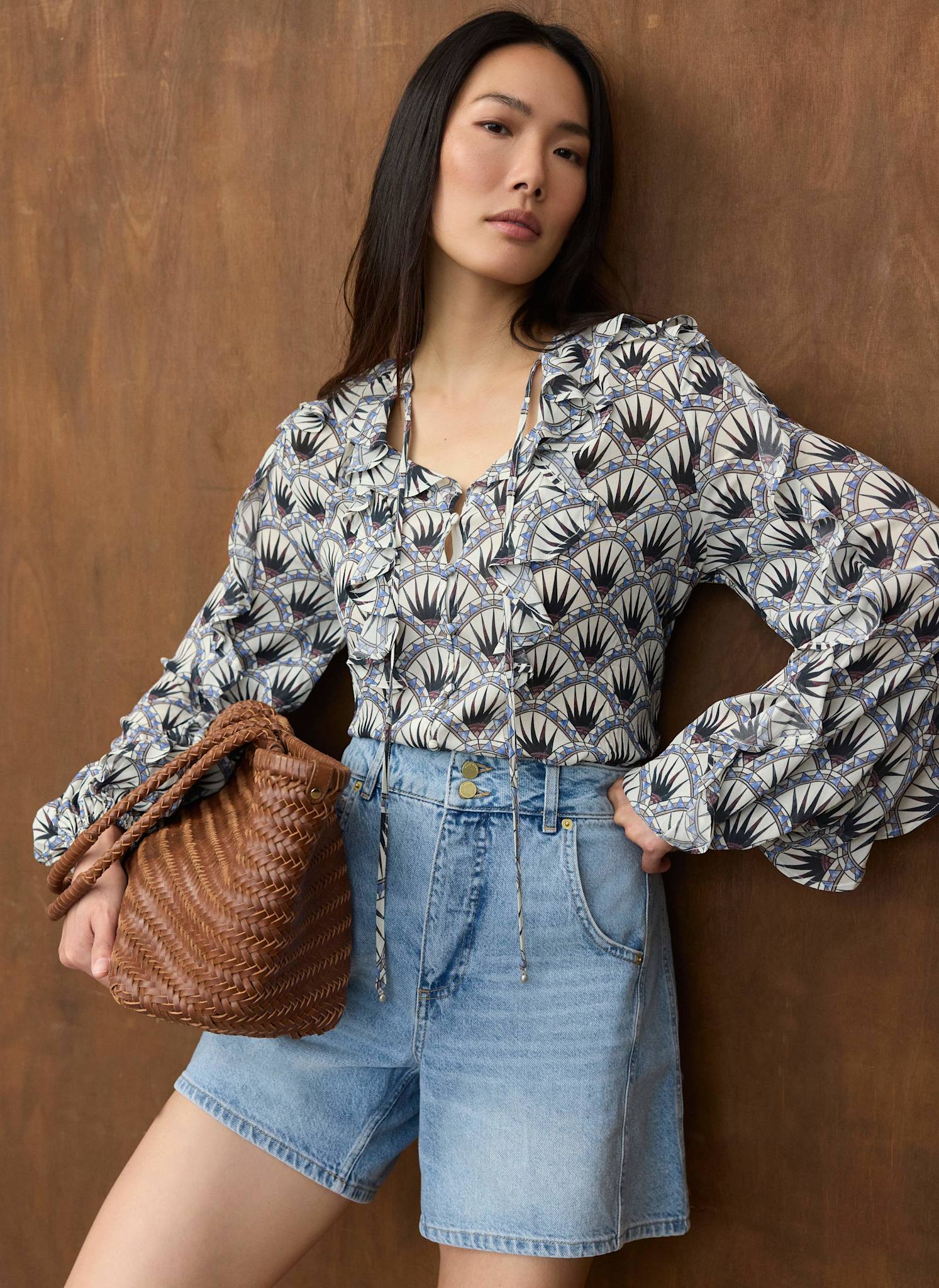 4068-blue-geo-print-ruffle-blouse-1.jpg Blue Geo Print Ruffle Blouse