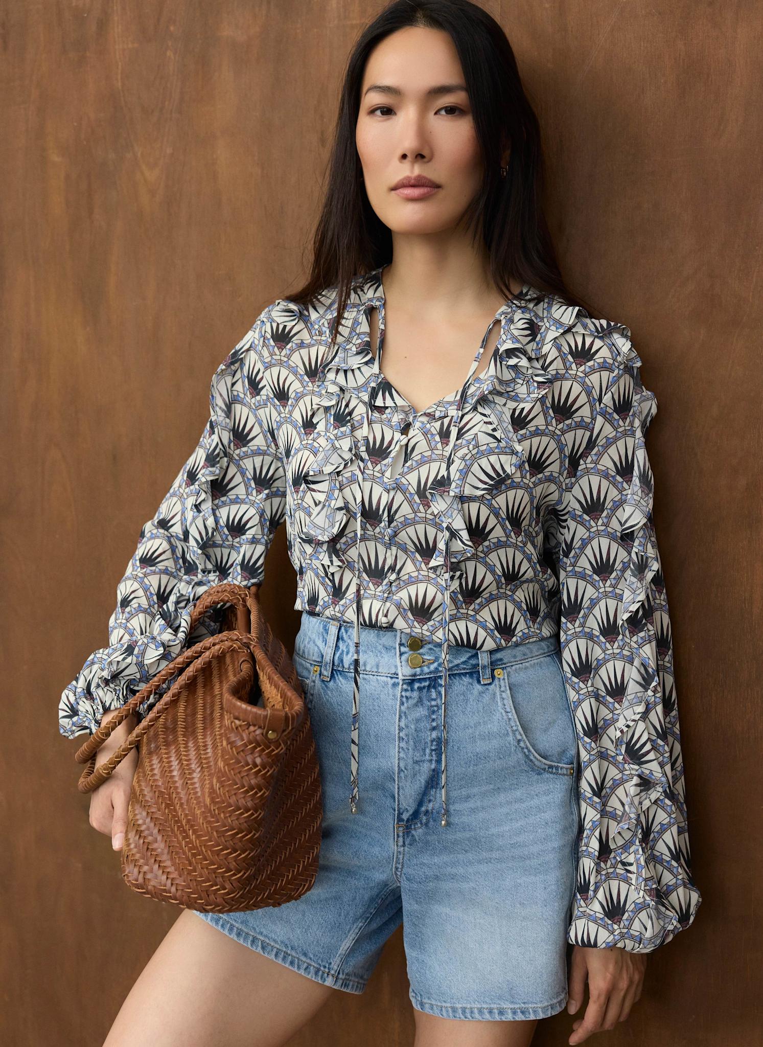 4068-blue-geo-print-ruffle-blouse-2.jpg Blue Geo Print Ruffle Blouse