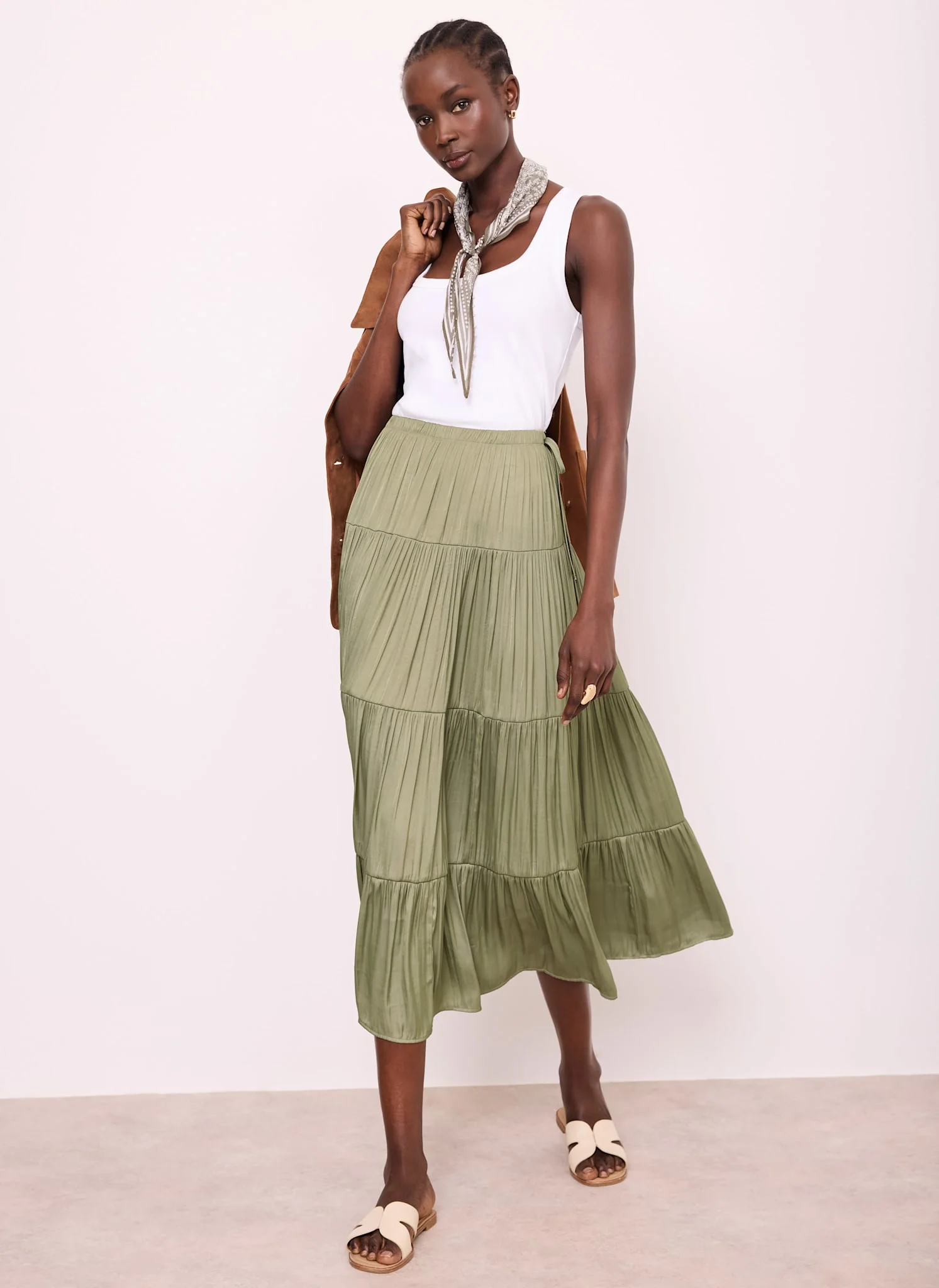 Khaki Satin Tiered Maxi Skirt