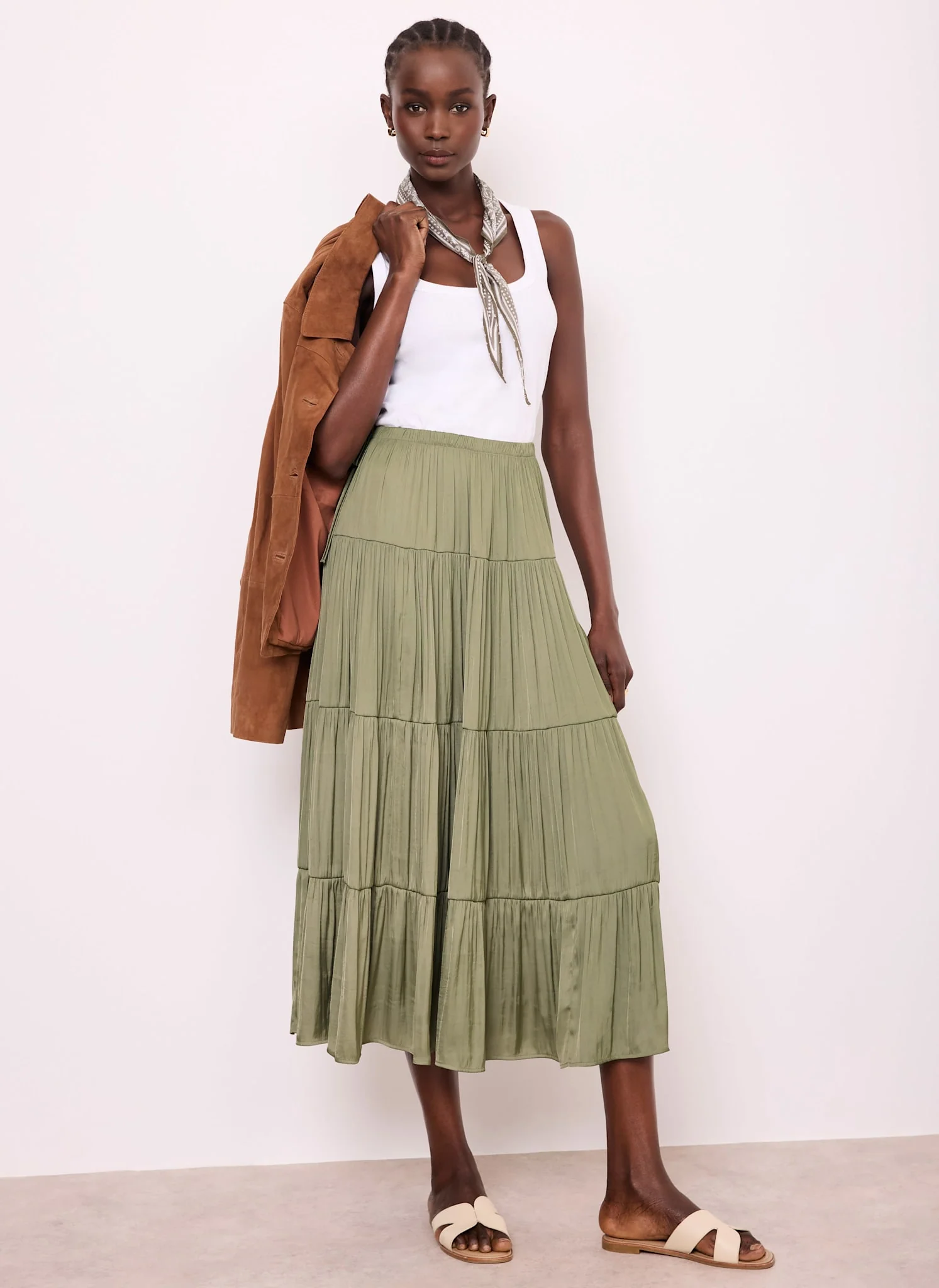 Khaki Satin Tiered Maxi Skirt