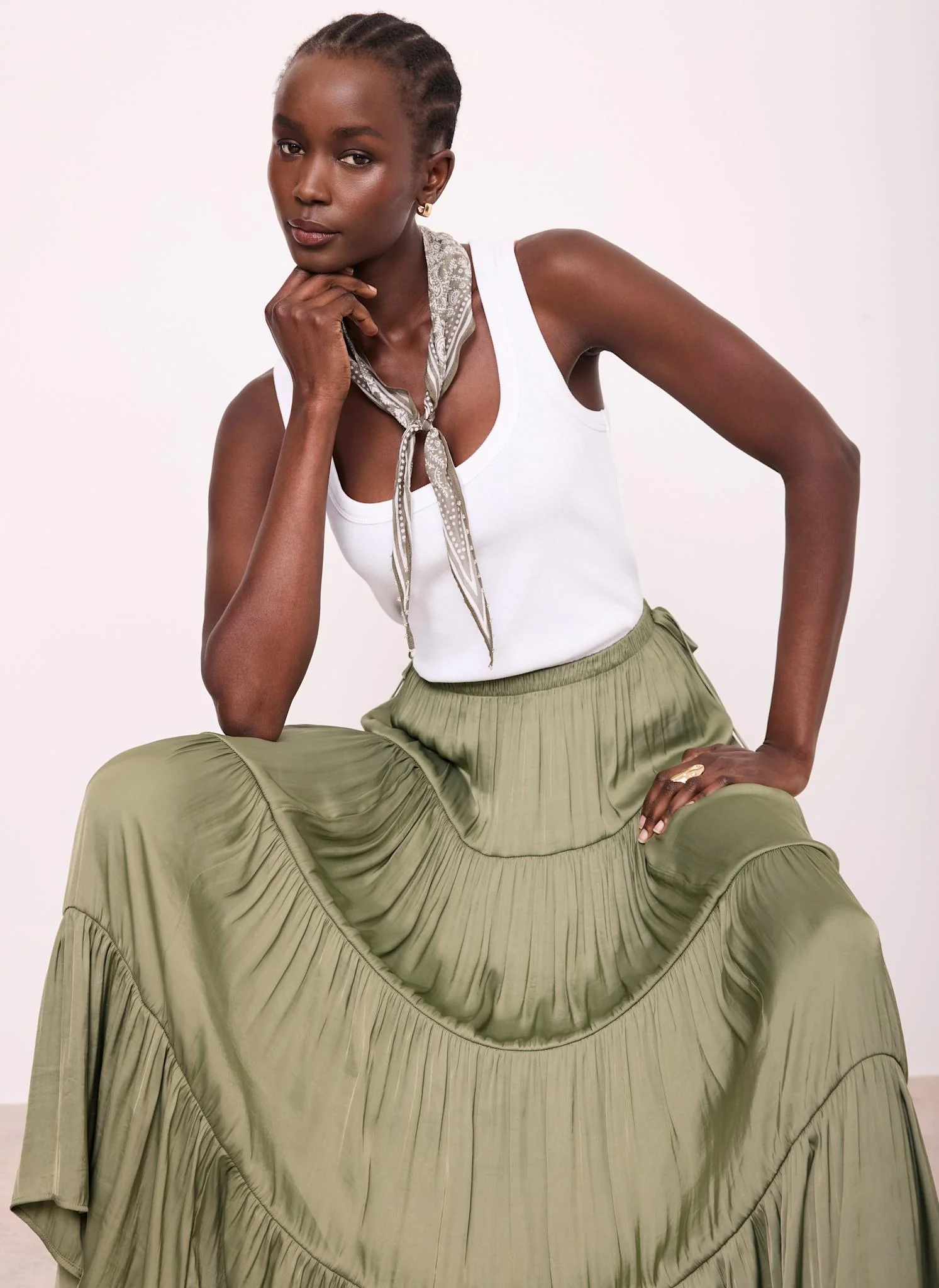 Khaki Satin Tiered Maxi Skirt