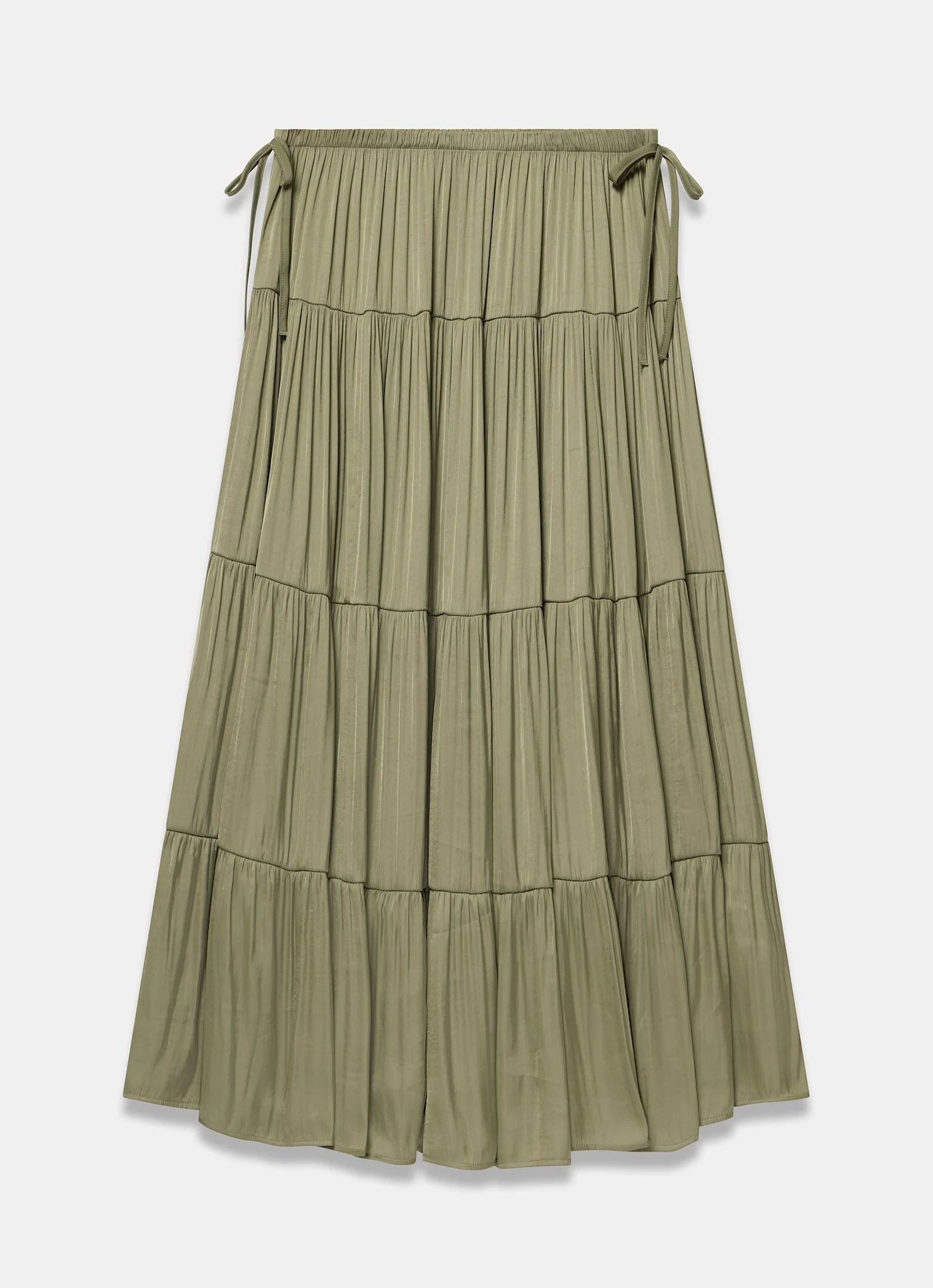 Khaki Satin Tiered Maxi Skirt