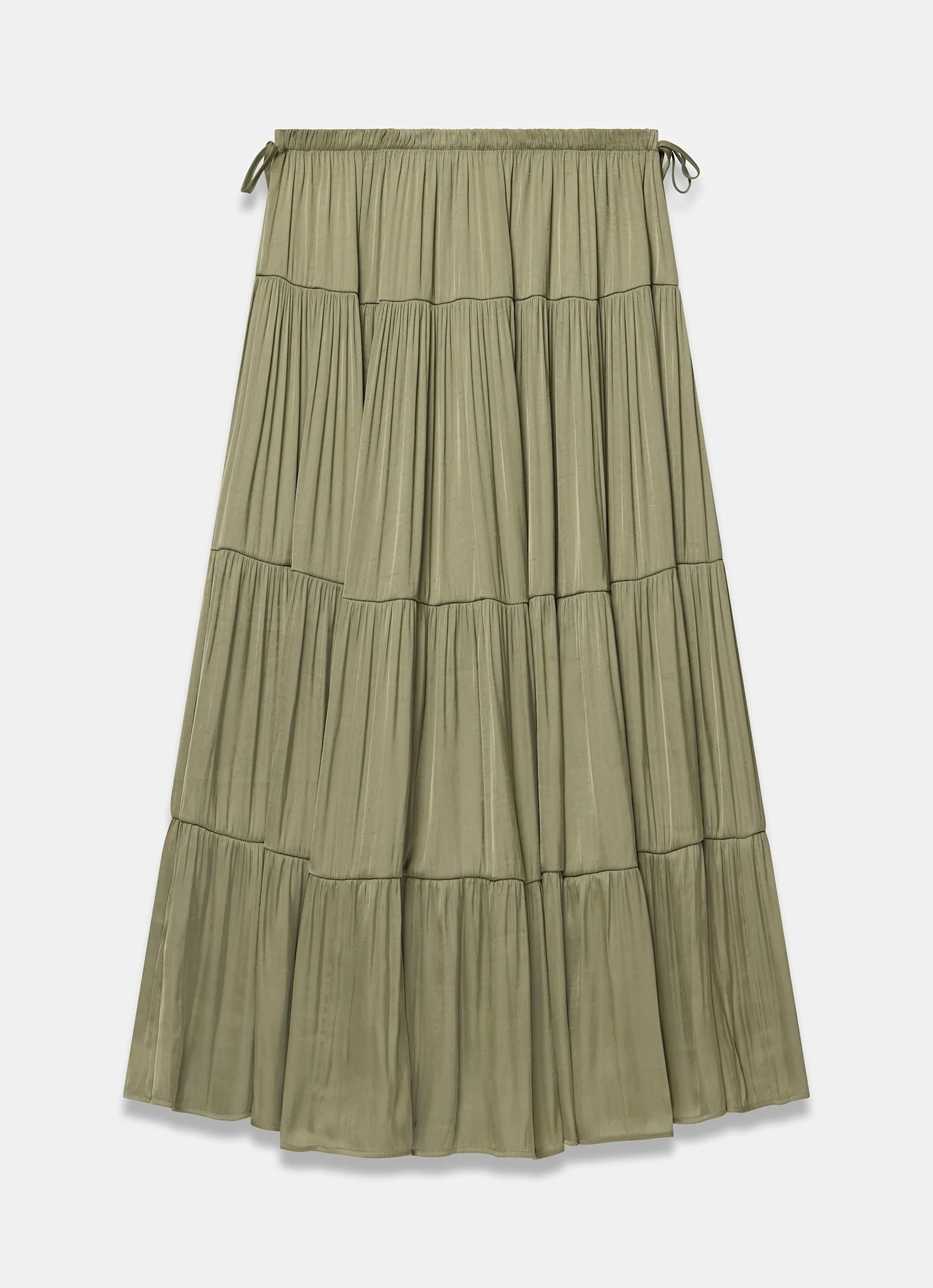 Khaki Satin Tiered Maxi Skirt