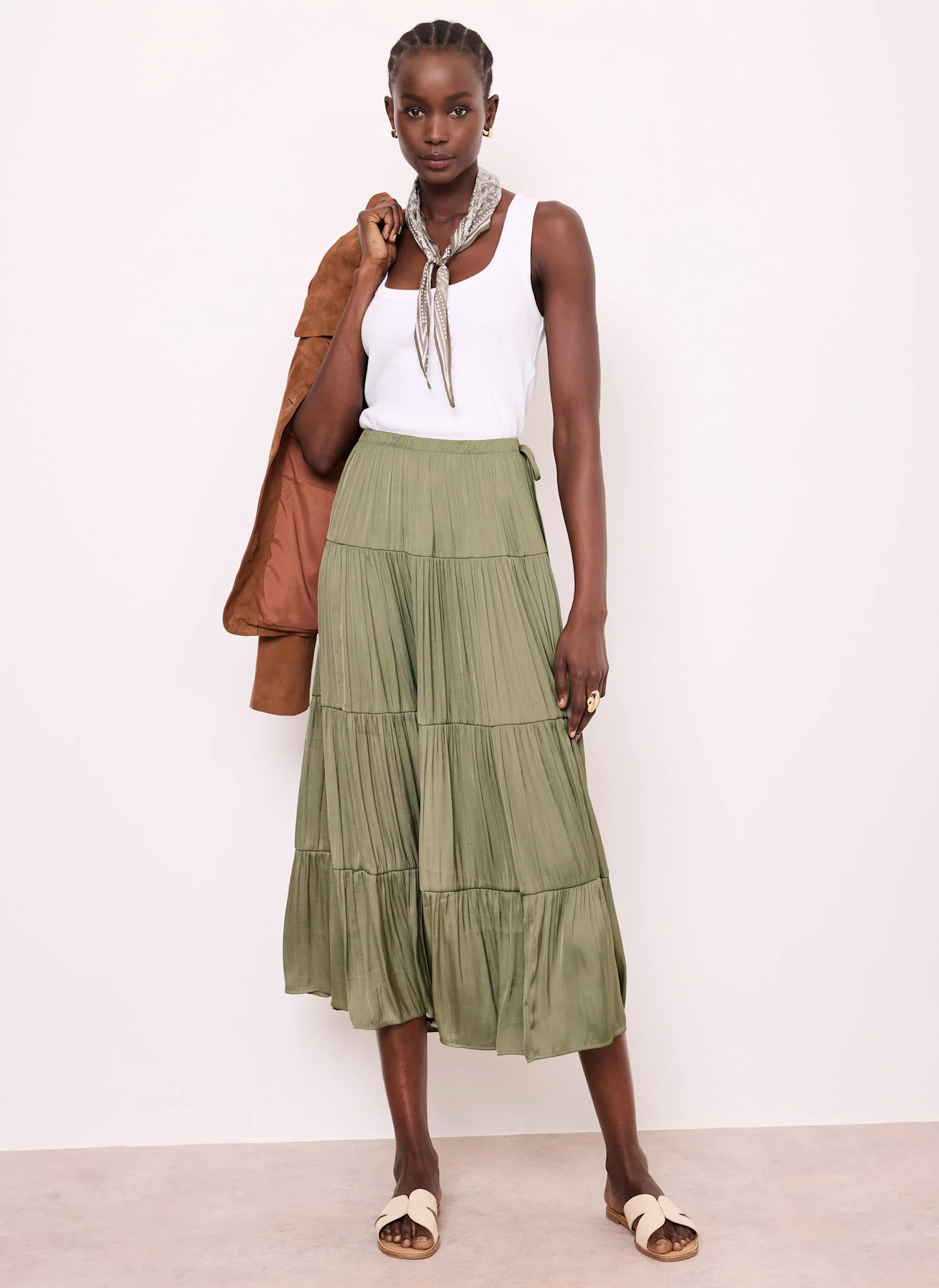 Khaki Satin Tiered Maxi Skirt
