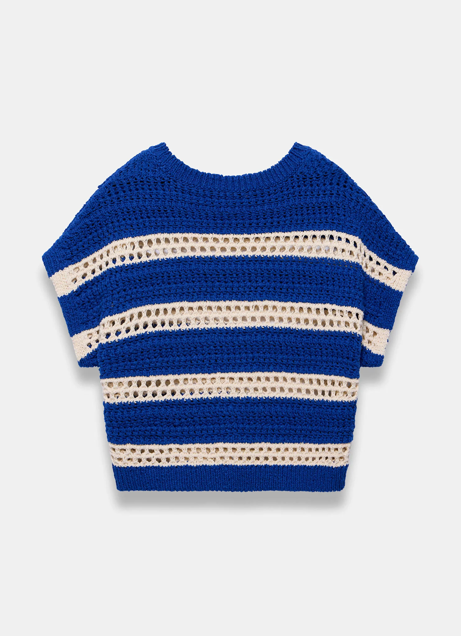 Blue Cotton Striped Crochet Knit Top