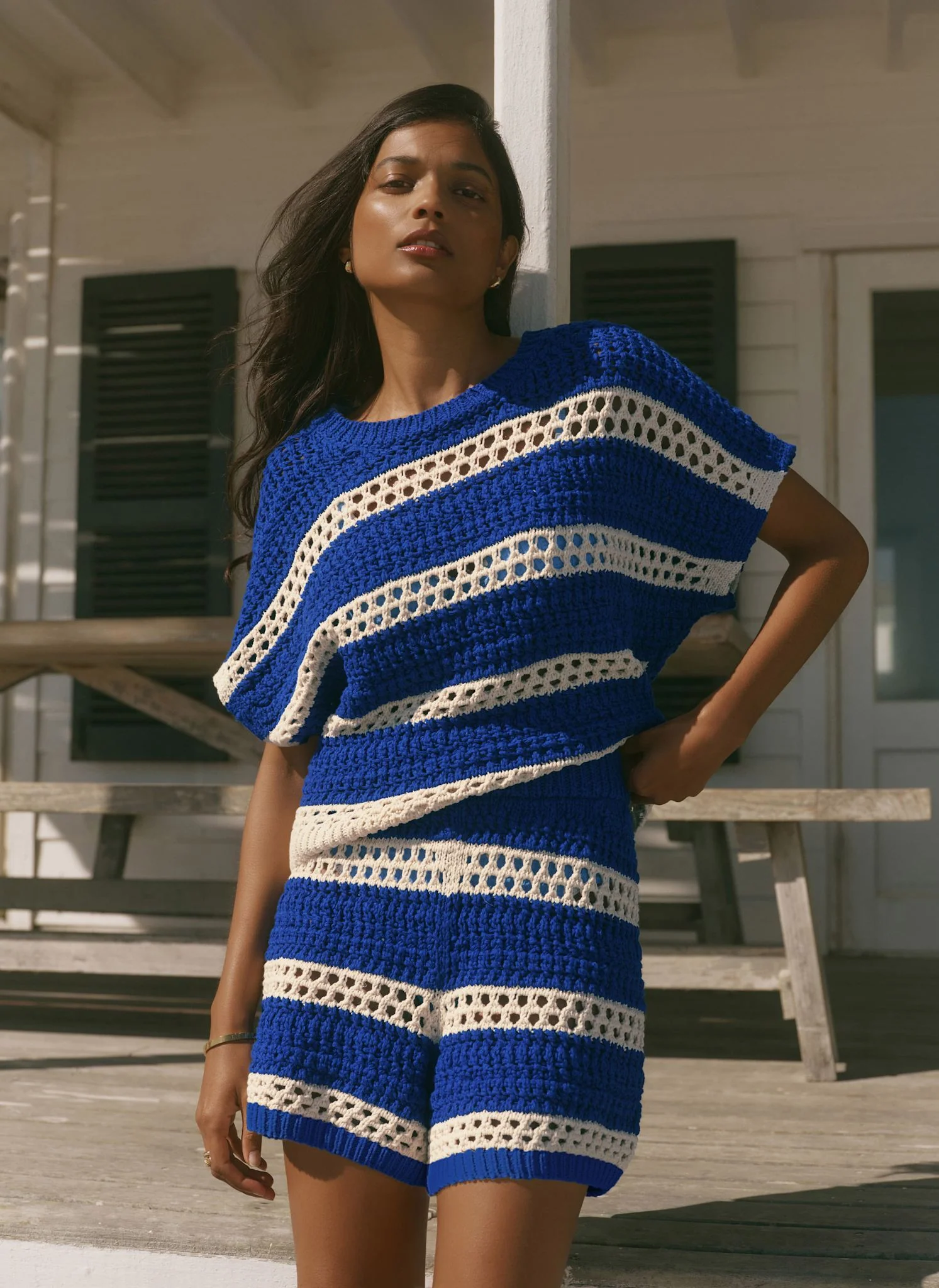 4104-blue-cotton-striped-crochet-knit-shorts-1.webp Blue Cotton Striped Crochet Knit Shorts