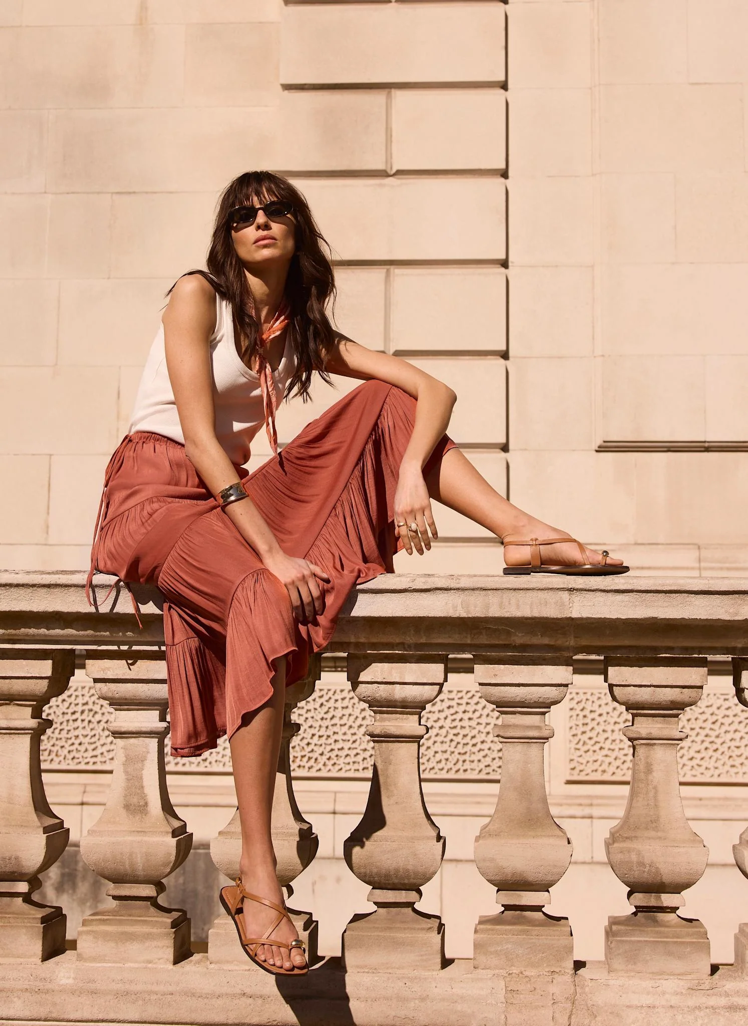 Burnt Orange Satin Tiered Maxi Skirt