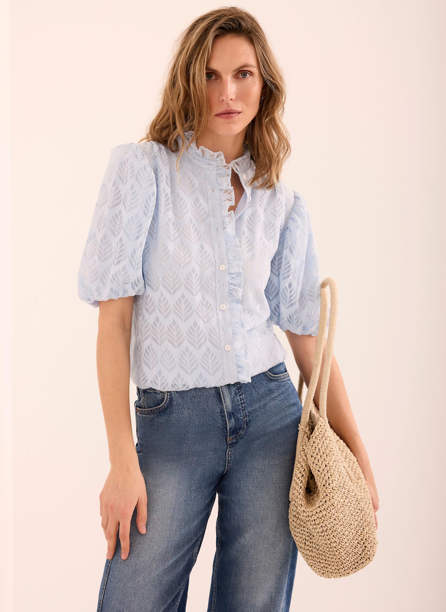 Blue Jacquard Ruffle Blouse