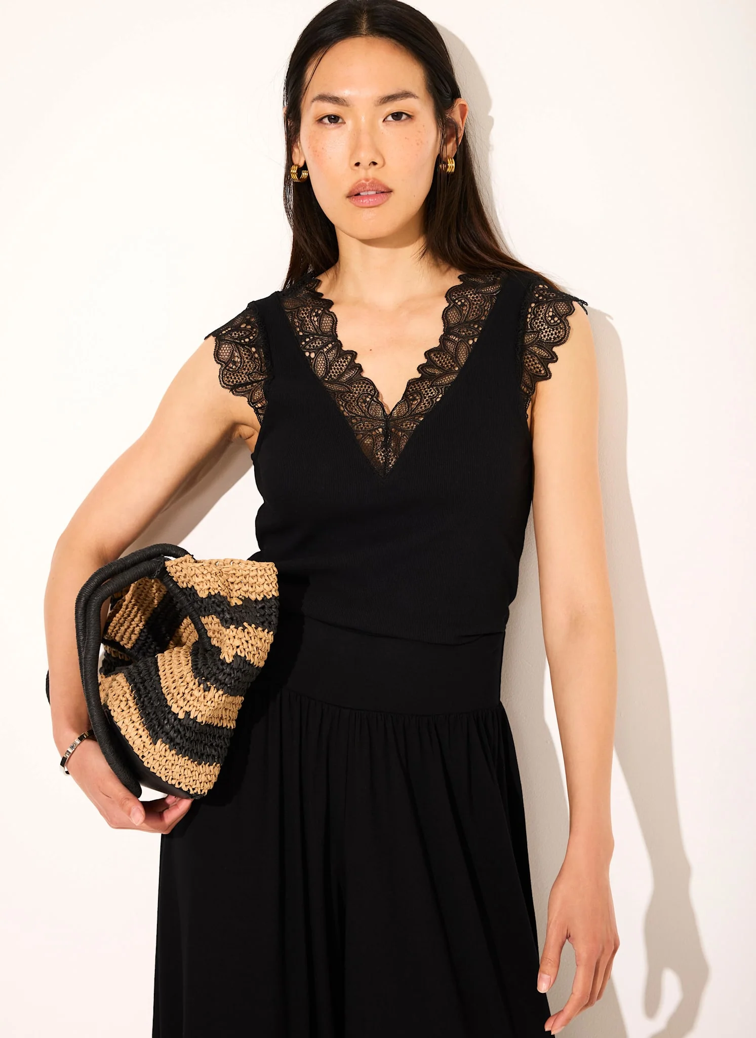Black Cotton Lace Detail Top