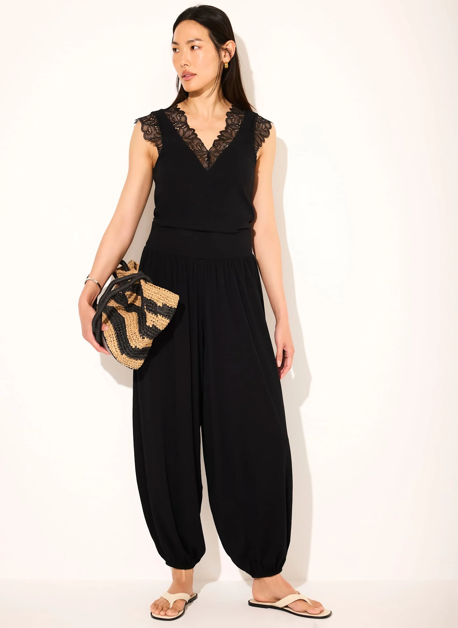 Black Cotton Lace Detail Top