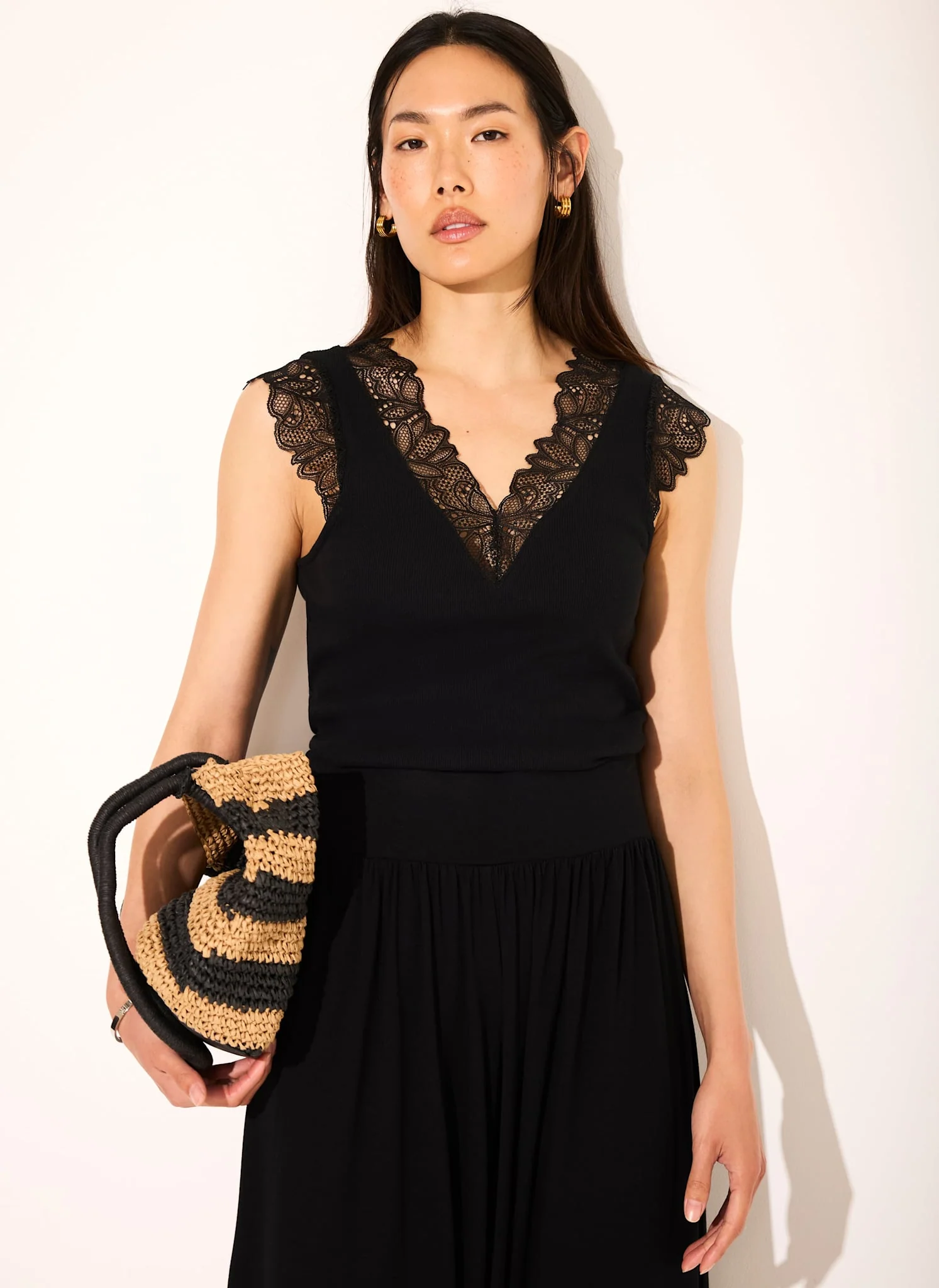 Black Cotton Lace Detail Top