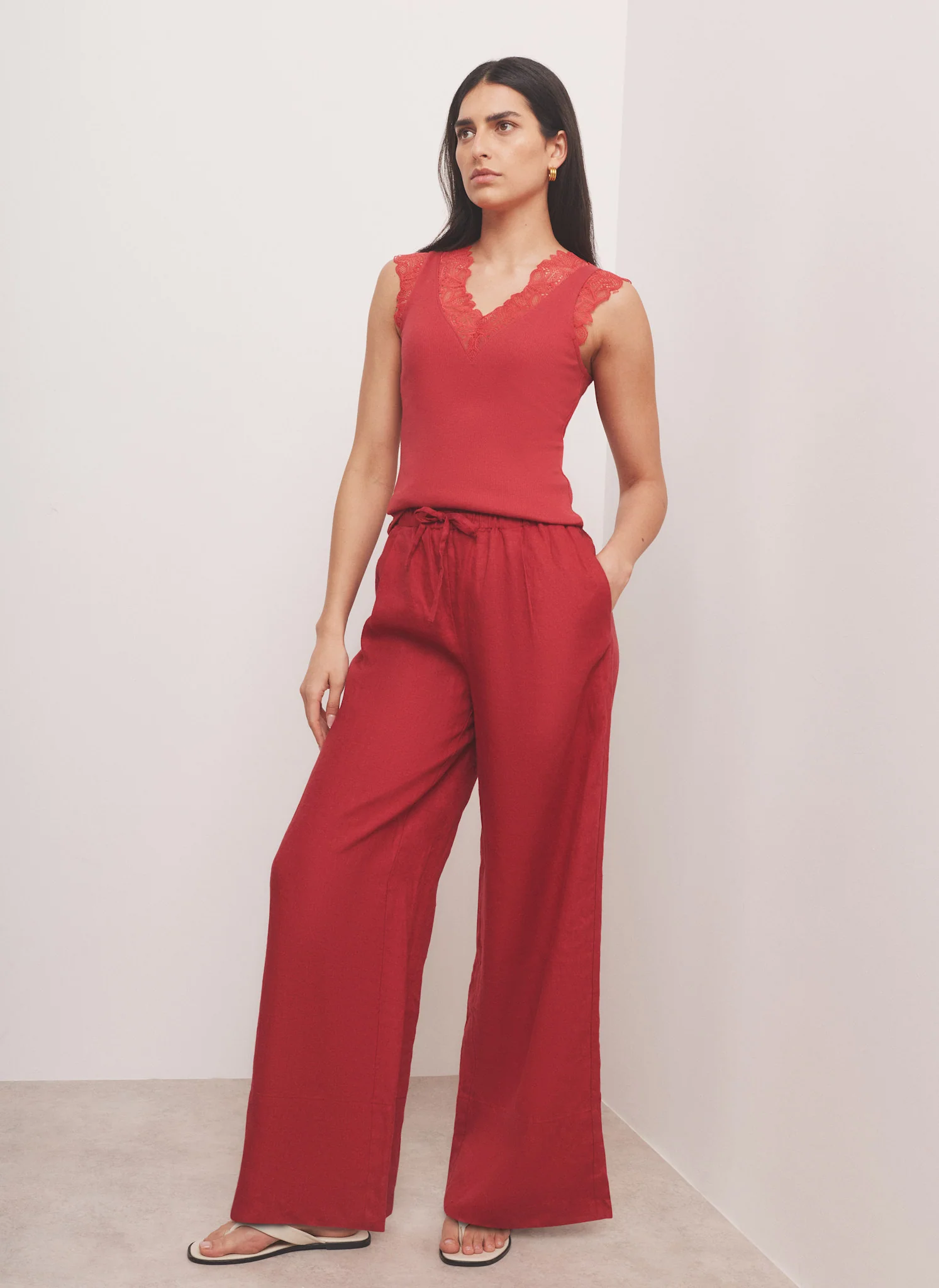 Red Cotton Blend Lace Detail Top