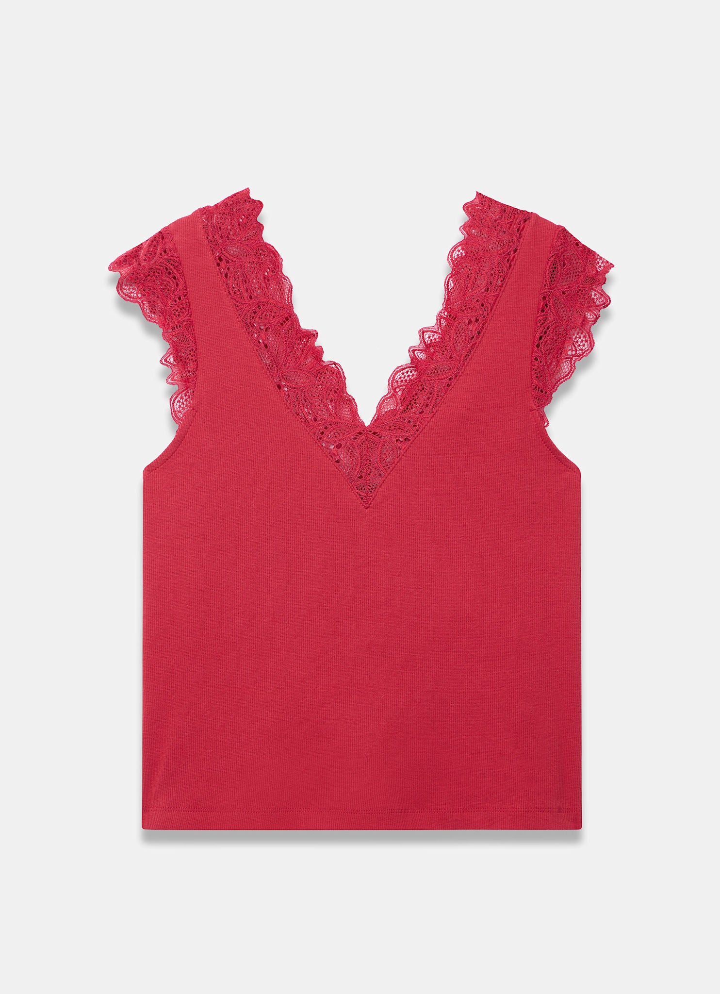 Red Cotton Blend Lace Detail Top