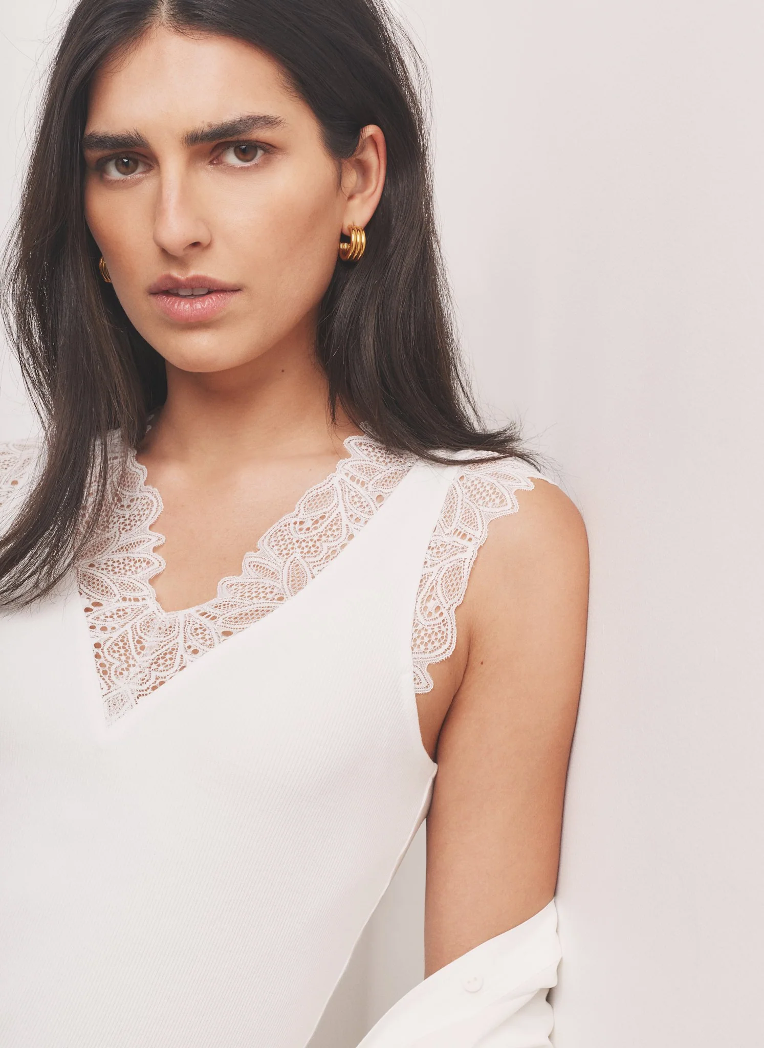 White Cotton Blend Lace Detail Top