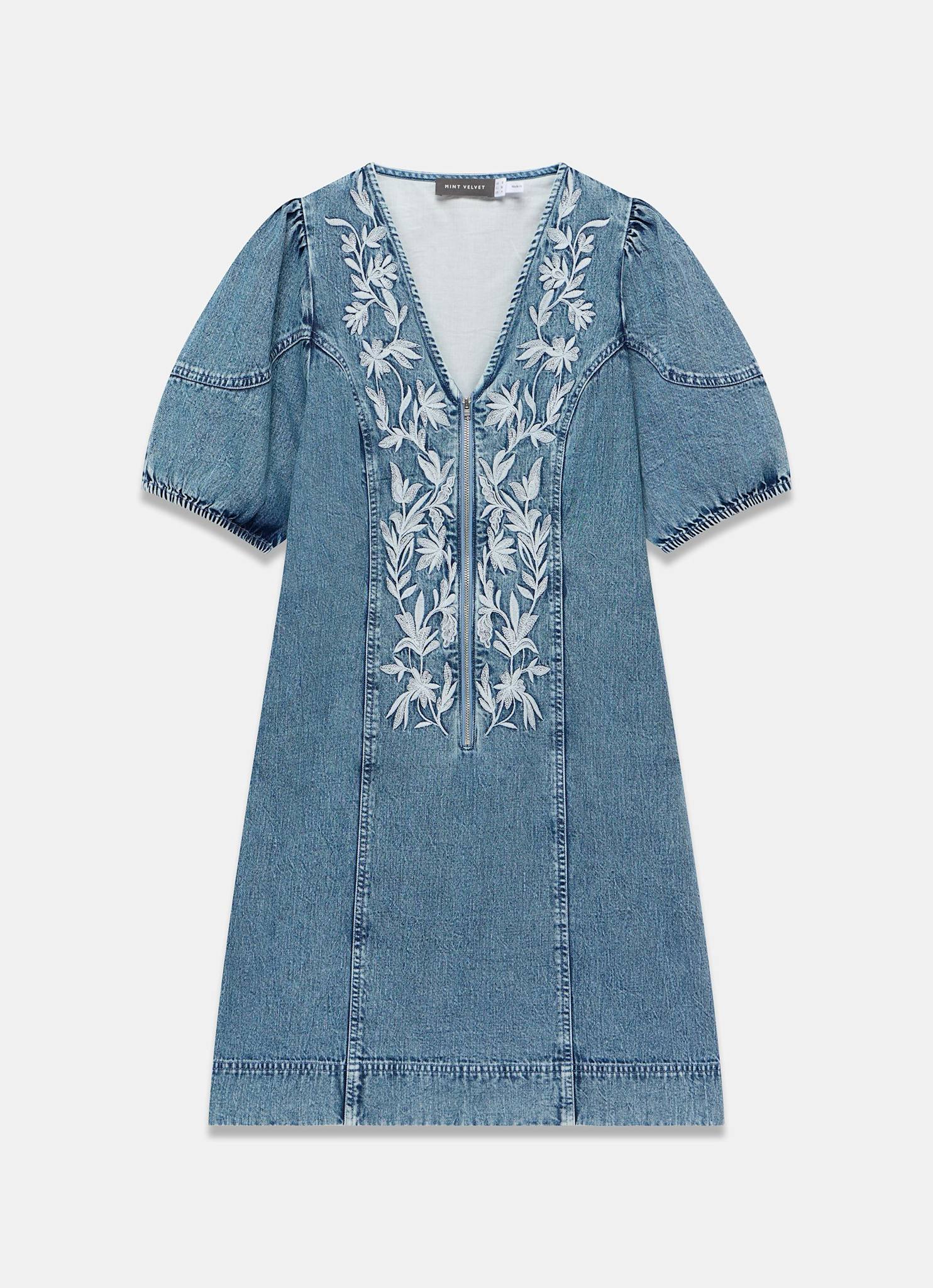 Mid Indigo Embroidered Denim Mini Dress