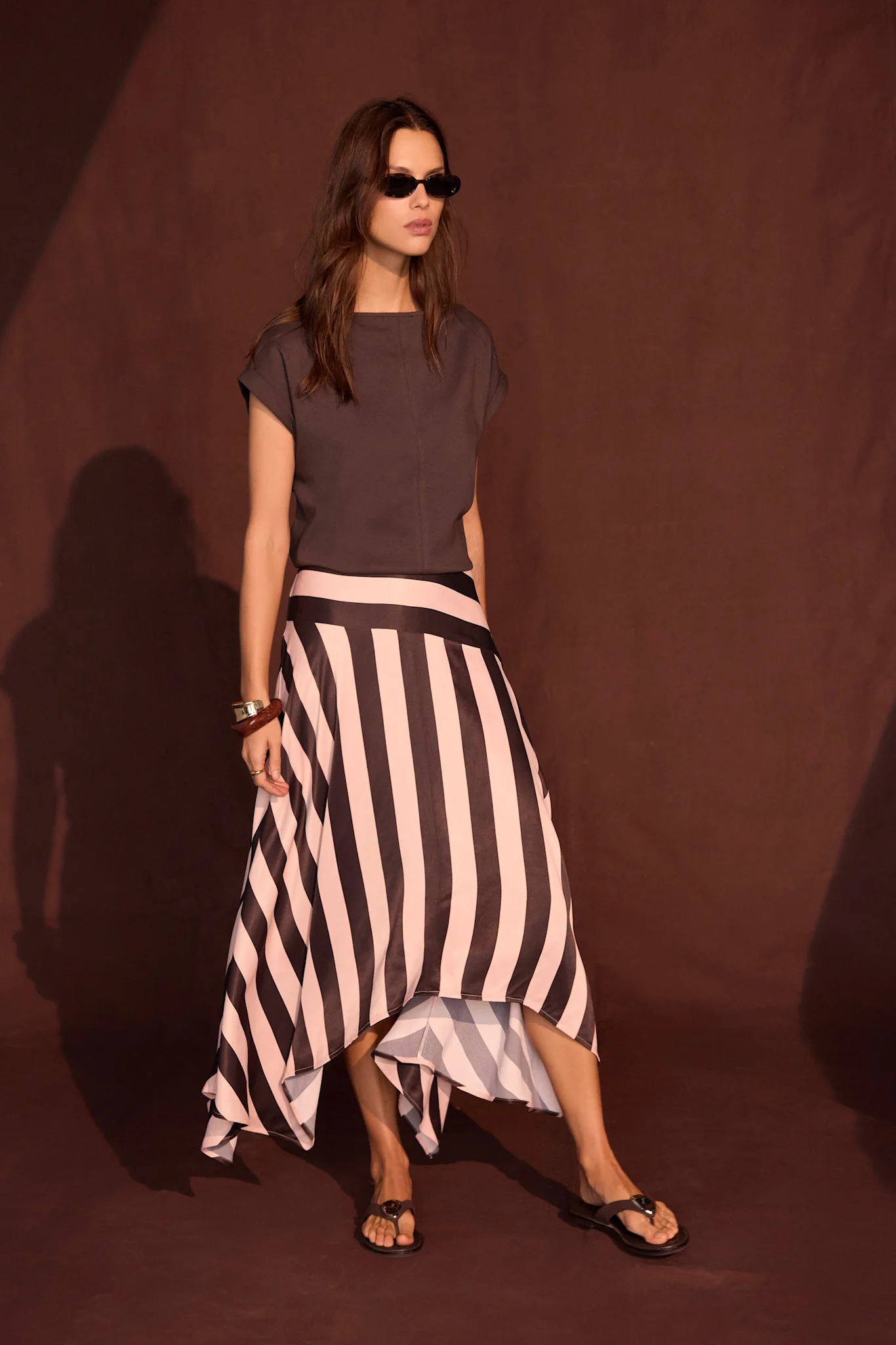 Pink & Brown Satin Striped Midi Skirt