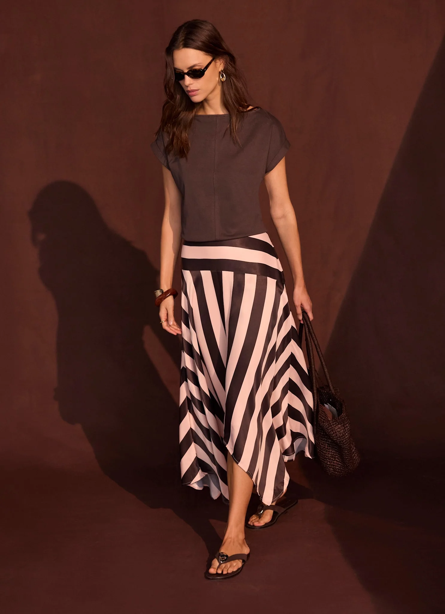 Pink & Brown Satin Striped Midi Skirt