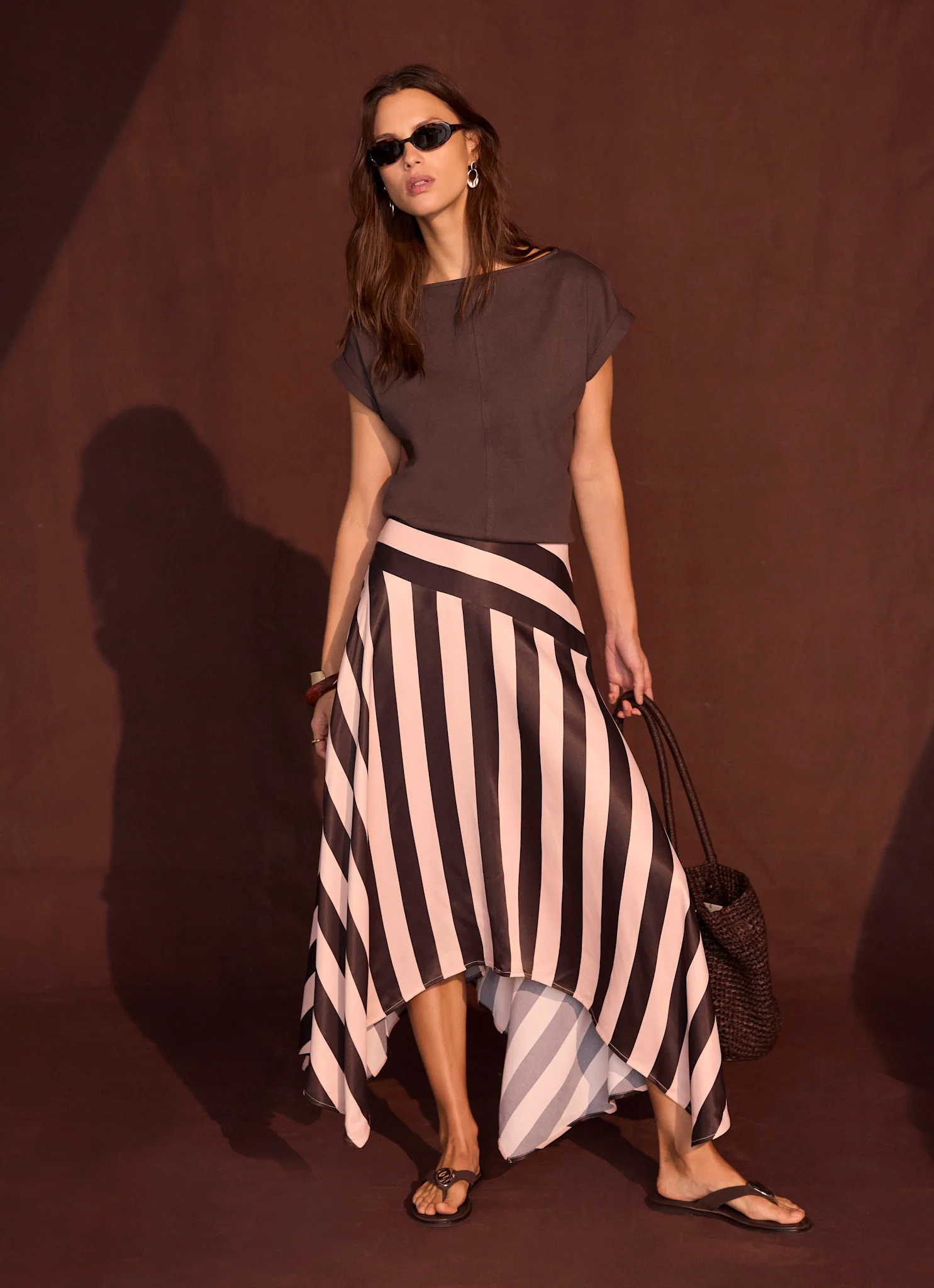 Pink & Brown Satin Striped Midi Skirt