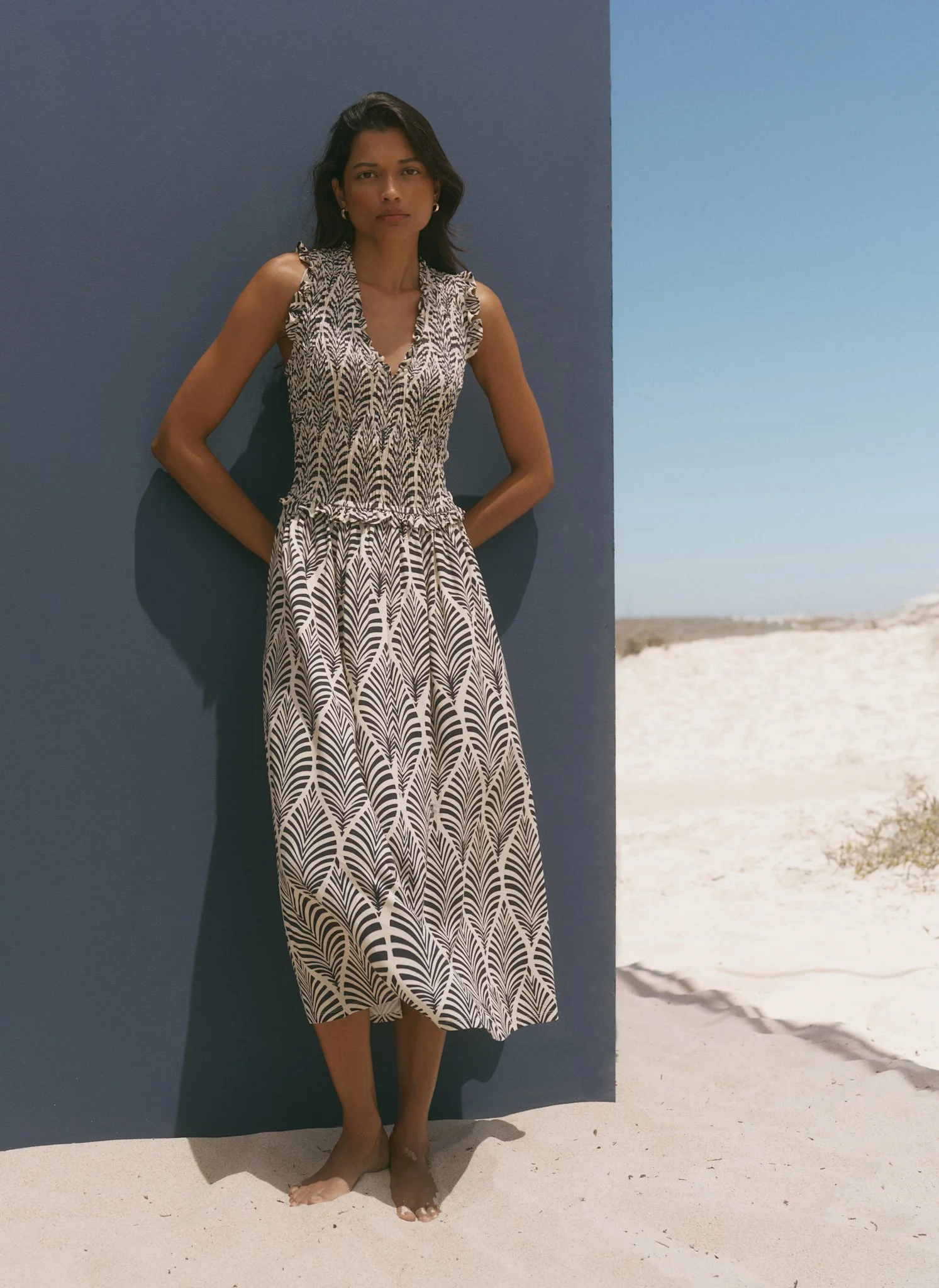 Navy Print Shirred Midi Dress