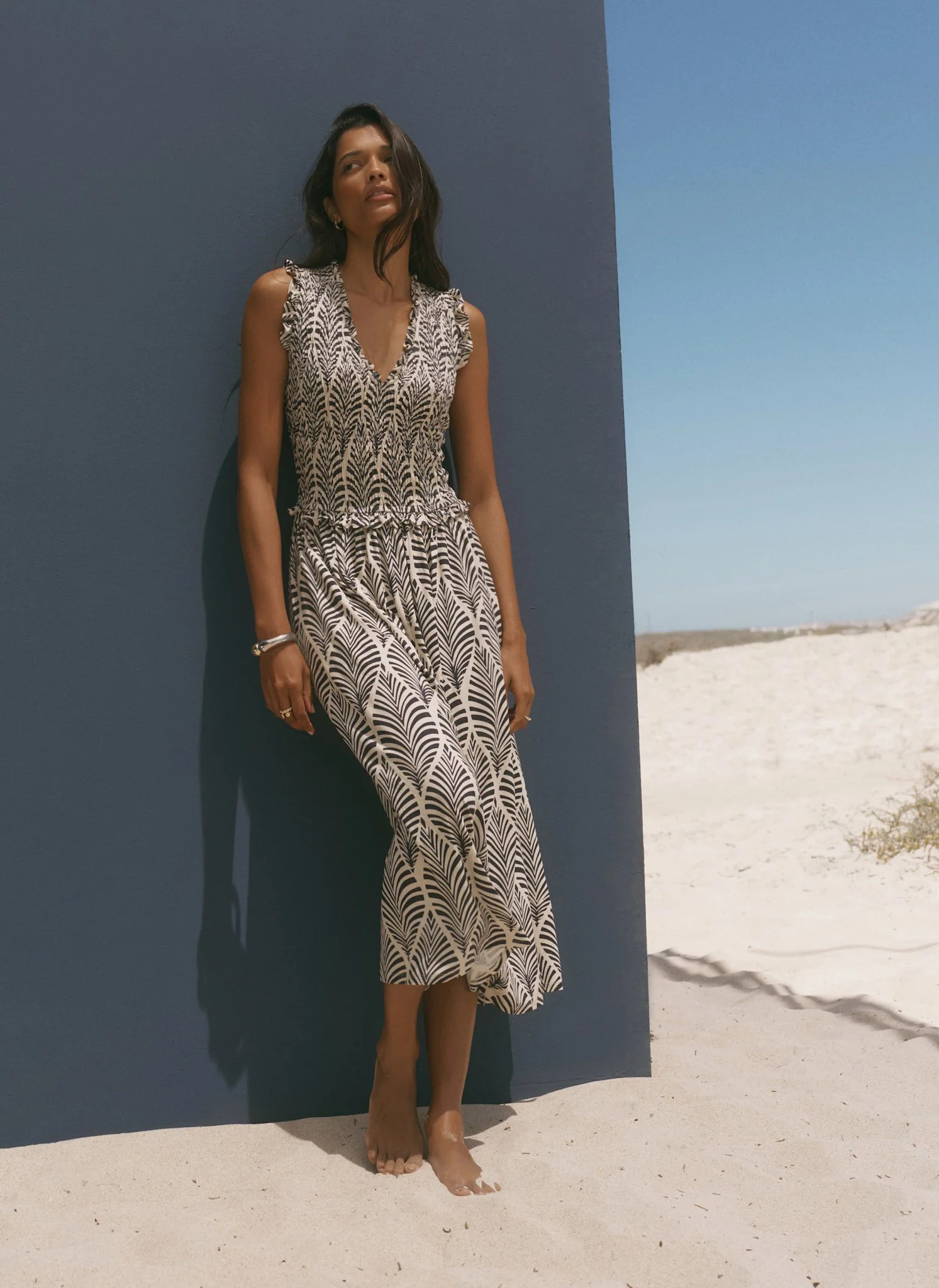 Navy Print Shirred Midi Dress