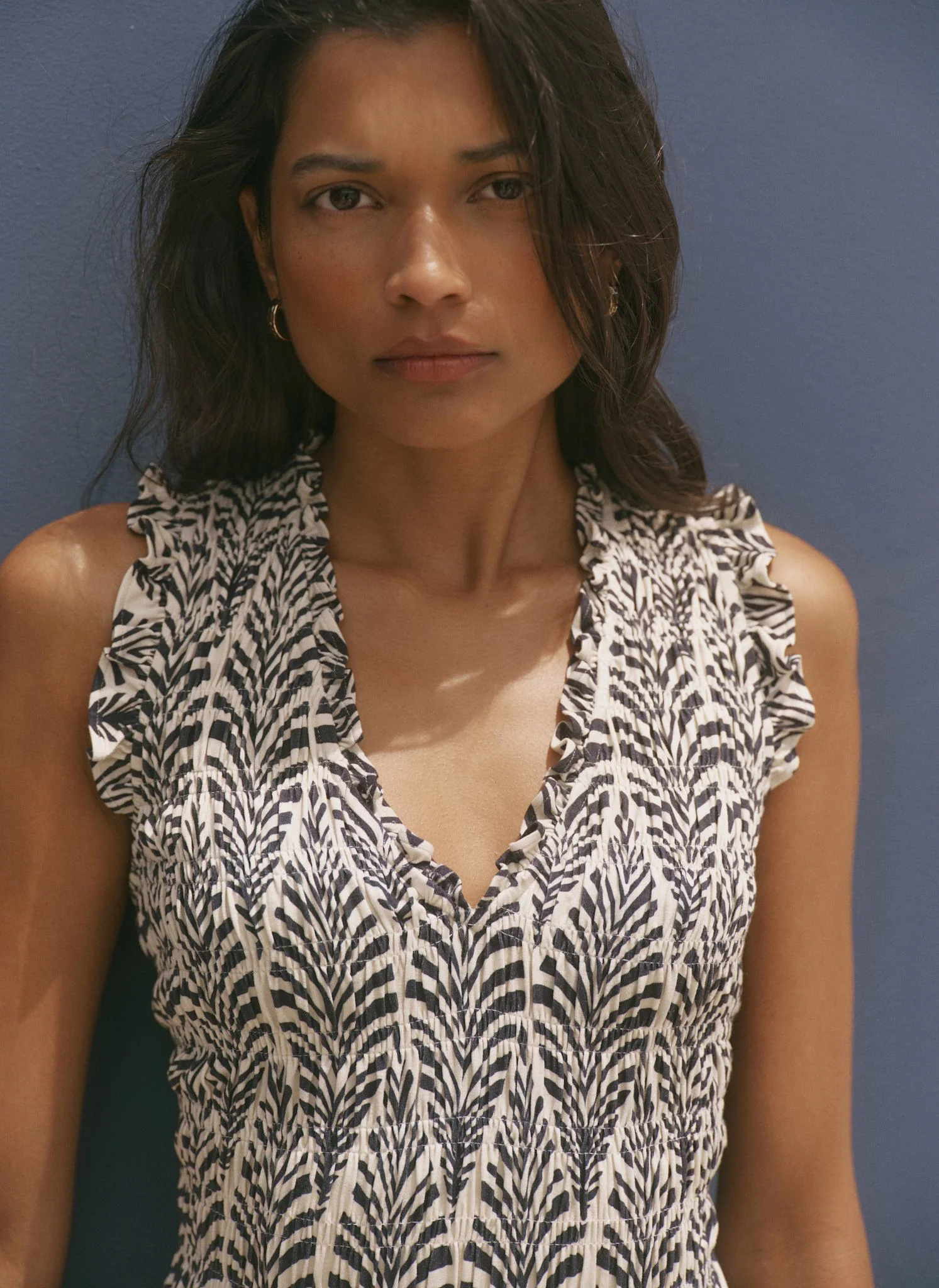 Navy Print Shirred Midi Dress