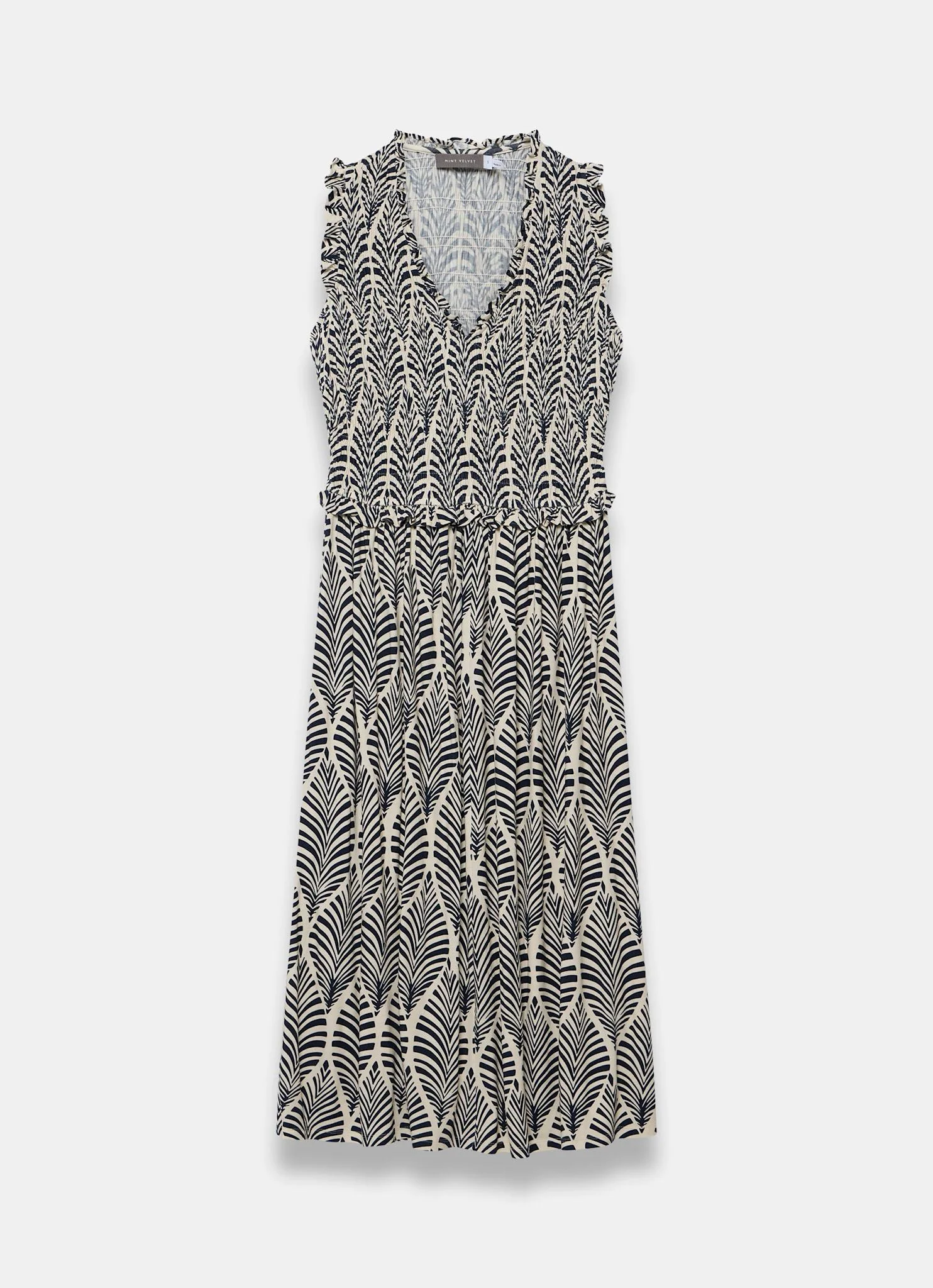 Navy Print Shirred Midi Dress